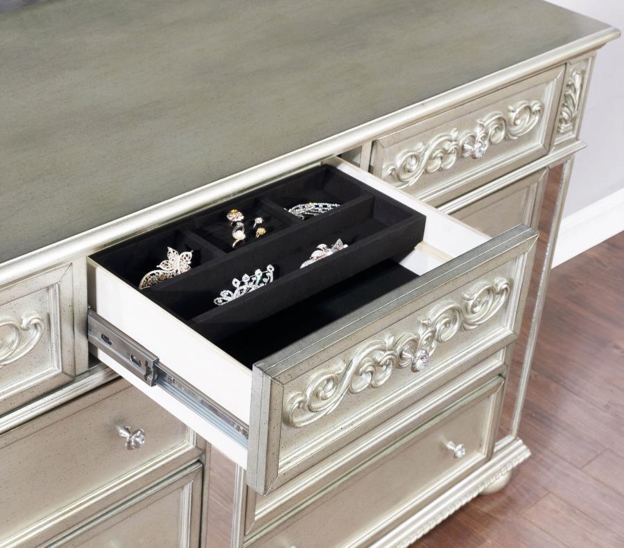 CoasterEssence - Heidi - 9-drawer Dresser With Mirror - Metallic Platinum - 5th Avenue Furniture