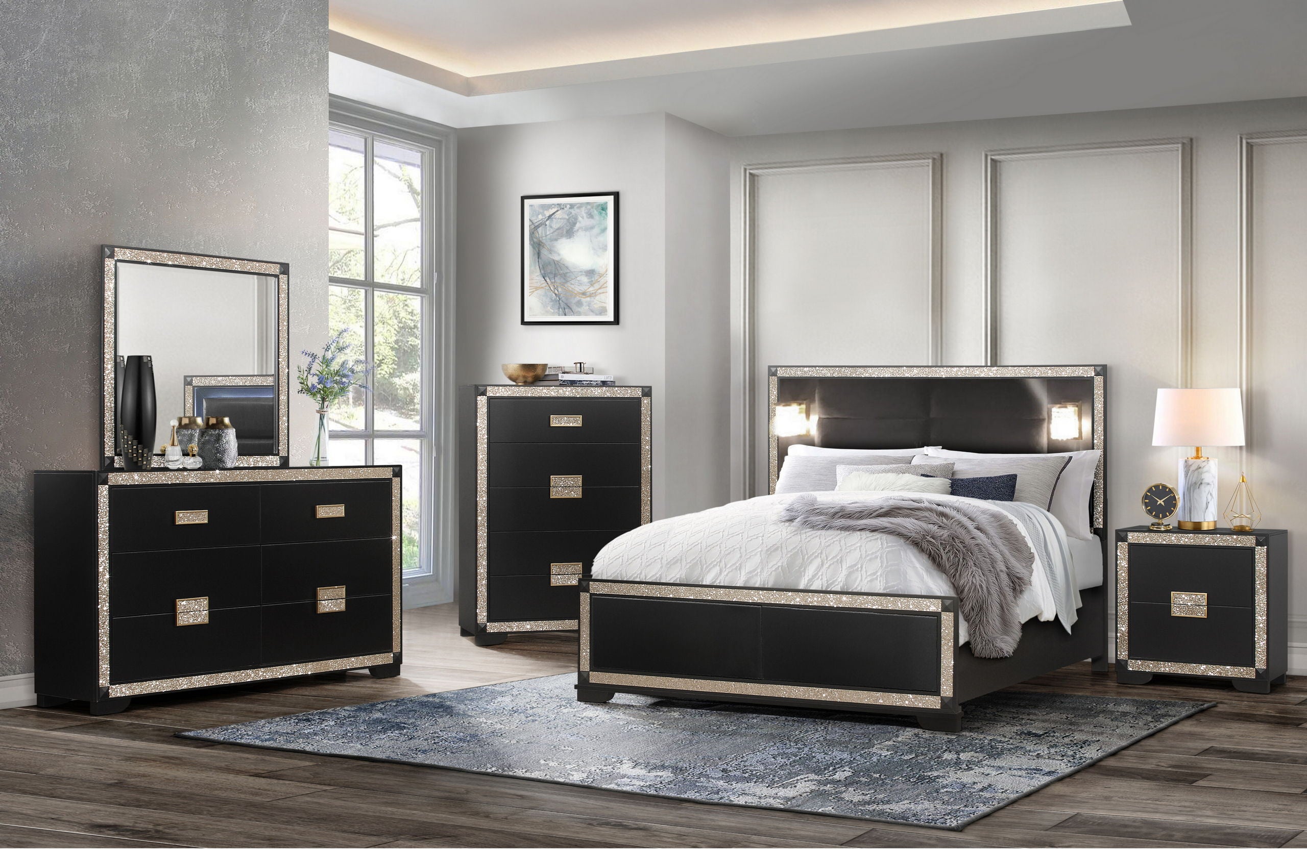 Blake Black/Gold Queen Bed Group With Lamps Blake Black/Gold Queen Bed Group With Lamps