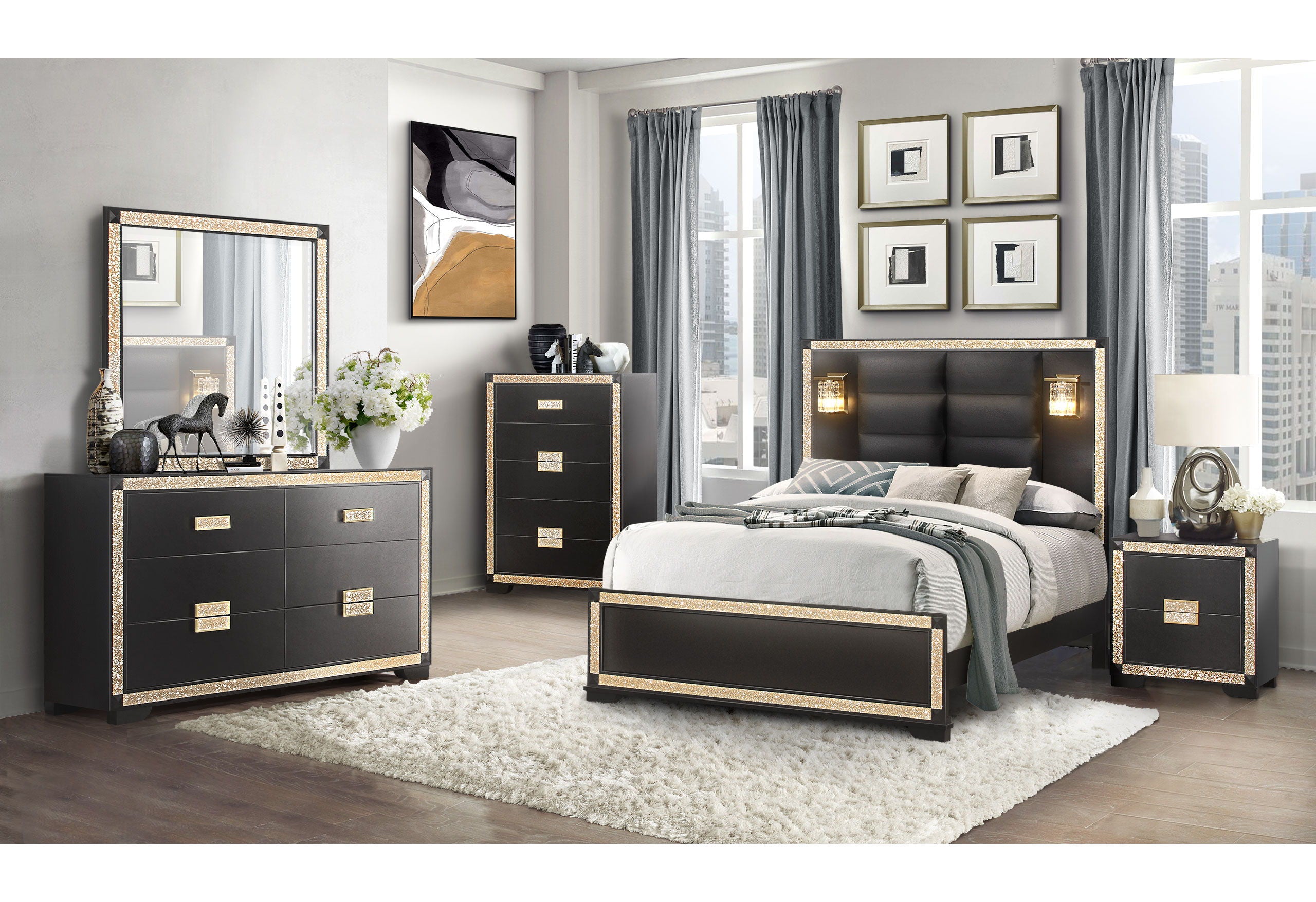 Blake BLACK/GOLD King Bed With LAMPS, Dresser, Mirror, Nightstand