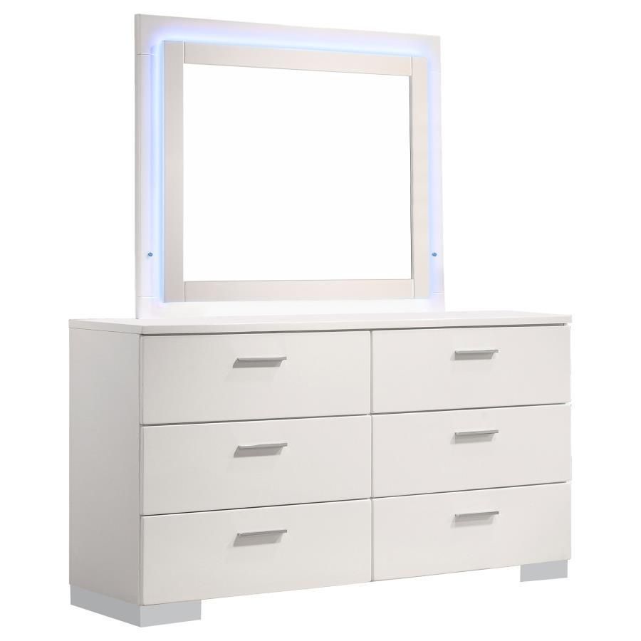 CoasterEssence - Felicity - 6-drawer Dresser With LED Mirror - Glossy White - 5th Avenue Furniture