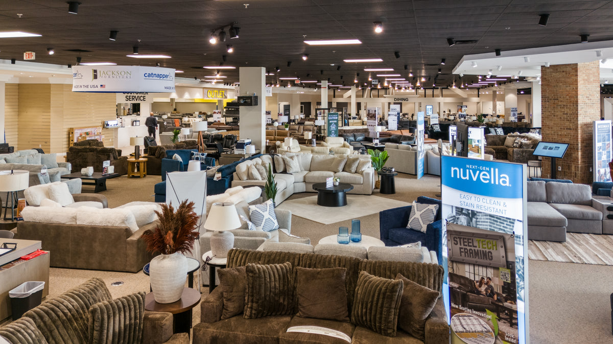 Furniture room displays at the 5th Avenue Furniture Southfield showroom