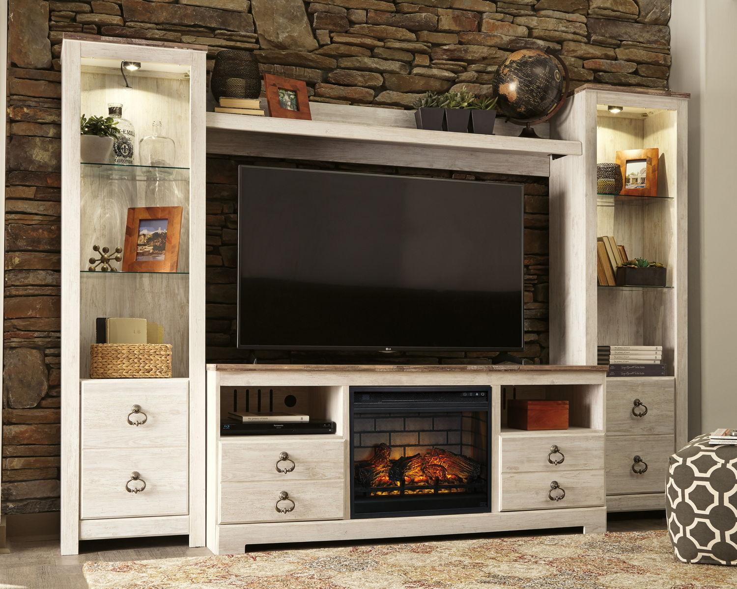 Signature Design by Ashley® - Willowton - Whitewash - Entertainment Center - TV Stand With Faux Firebrick Fireplace Insert - 5th Avenue Furniture