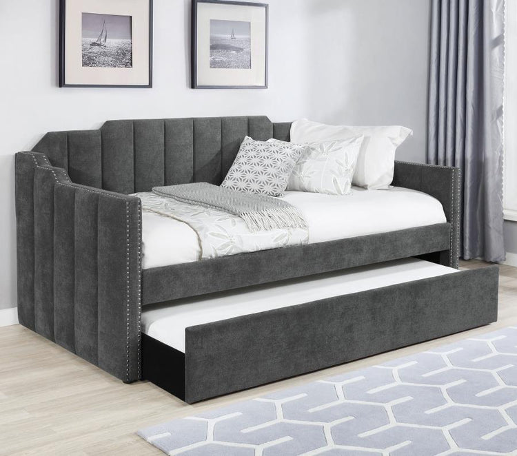 CoasterEssence - Kingston - Upholstered Twin Daybed With Trundle - Charcoal - 5th Avenue Furniture
