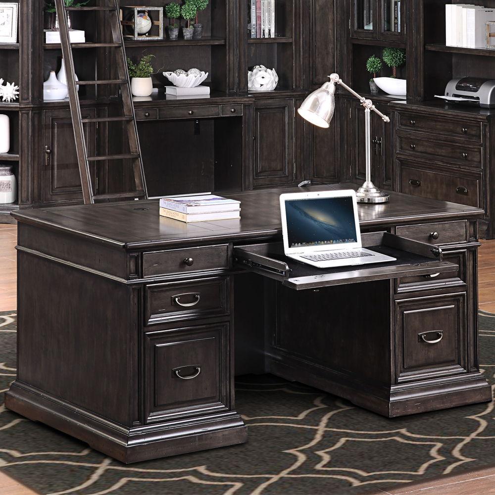 Parker House - Washington Heights - Double Pedestal Executive Desk - Washed Charcoal - 5th Avenue Furniture