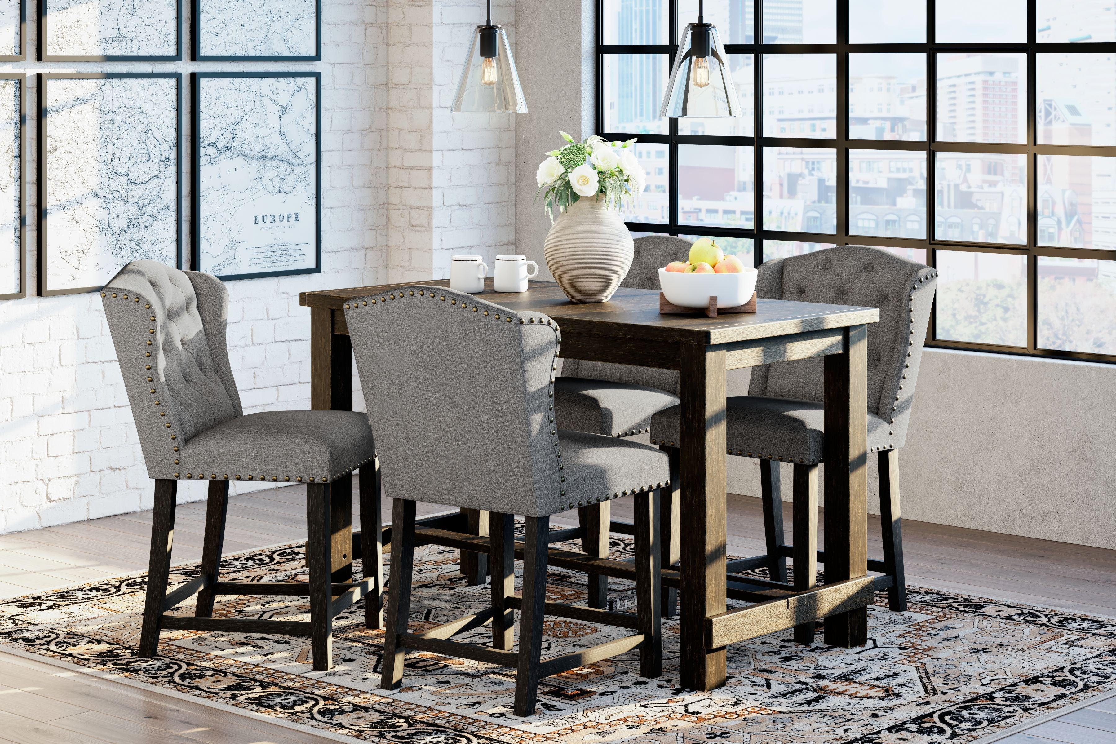 Signature Design by Ashley® - Jeanette - Black / Gray - 5 Pc. - Counter Table, 4 Upholstered Barstools - 5th Avenue Furniture