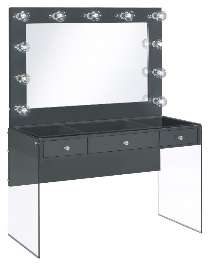 CoasterEssence - Afshan - 3-Drawer Vanity Desk With Lighting Mirror - Gray High Gloss - 5th Avenue Furniture