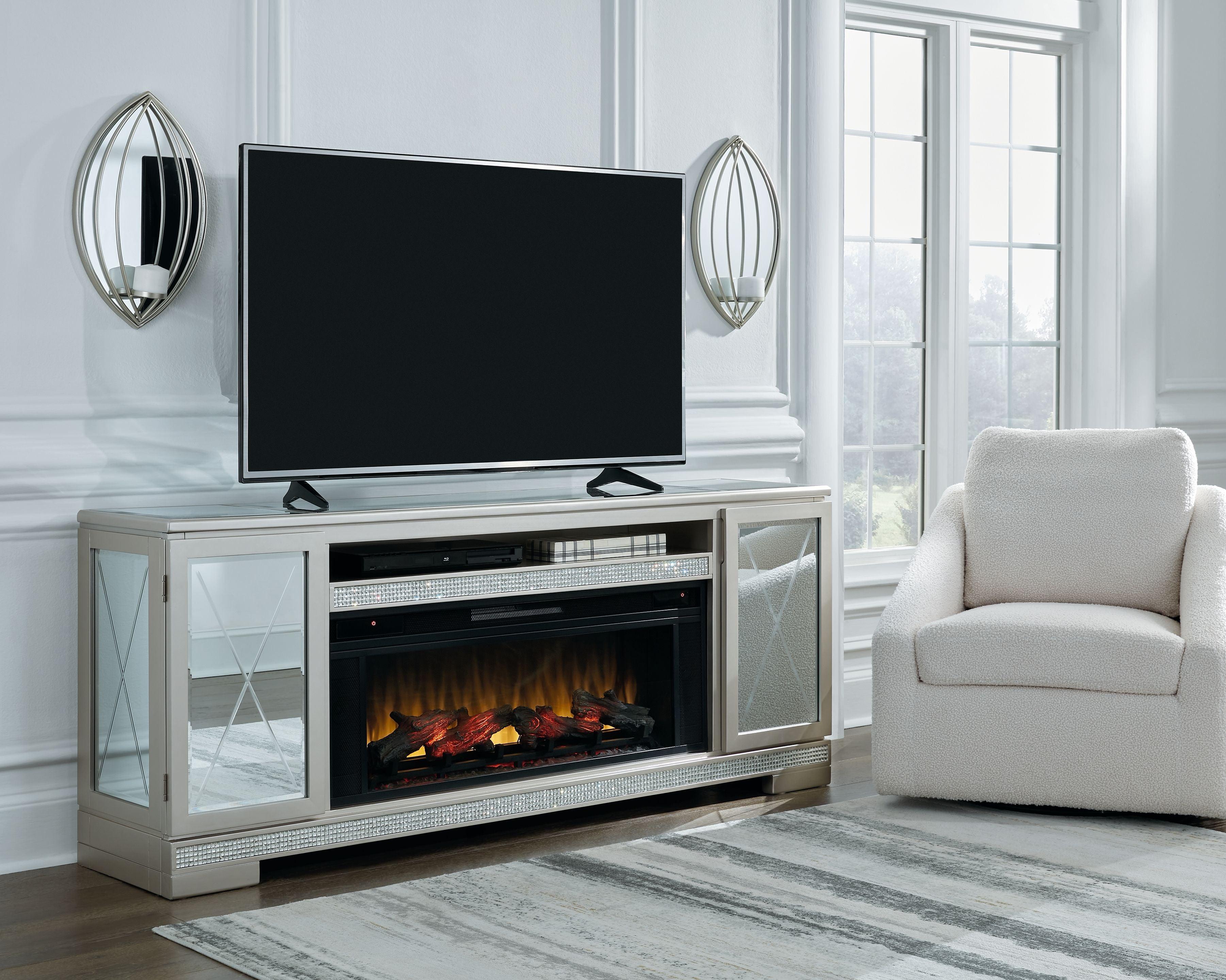 Signature Design by Ashley® - Flamory - Silver - 72" TV Stand With Electric Infrared Fireplace Insert - 5th Avenue Furniture