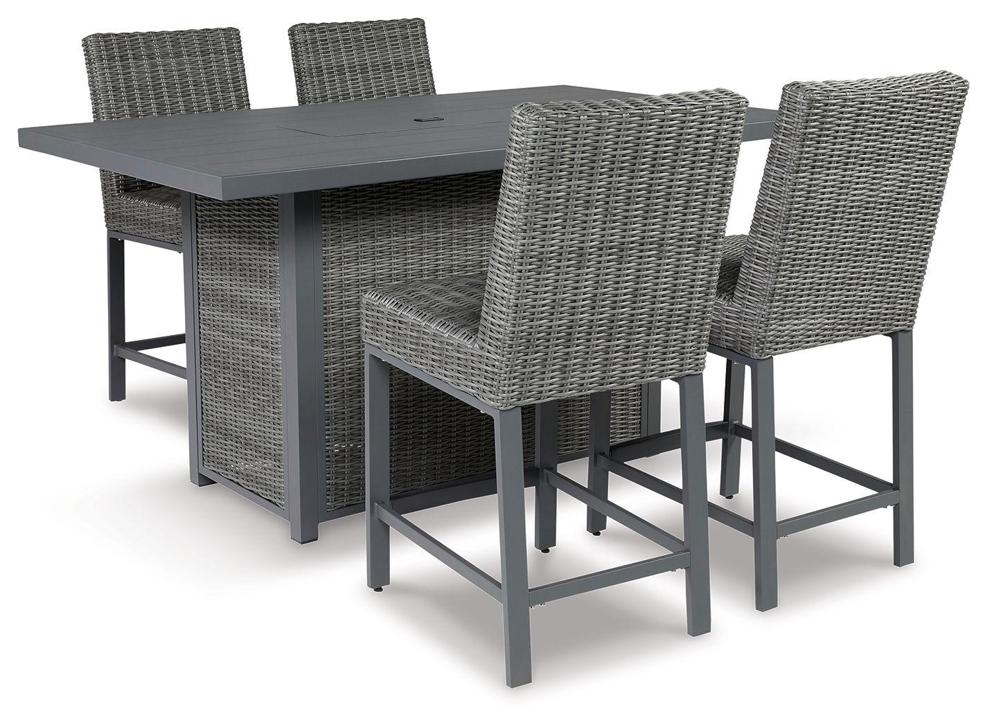 Signature Design by Ashley® - Palazzo - Gray - Outdoor Counter Height Dining Table With 4 Barstools - 5th Avenue Furniture