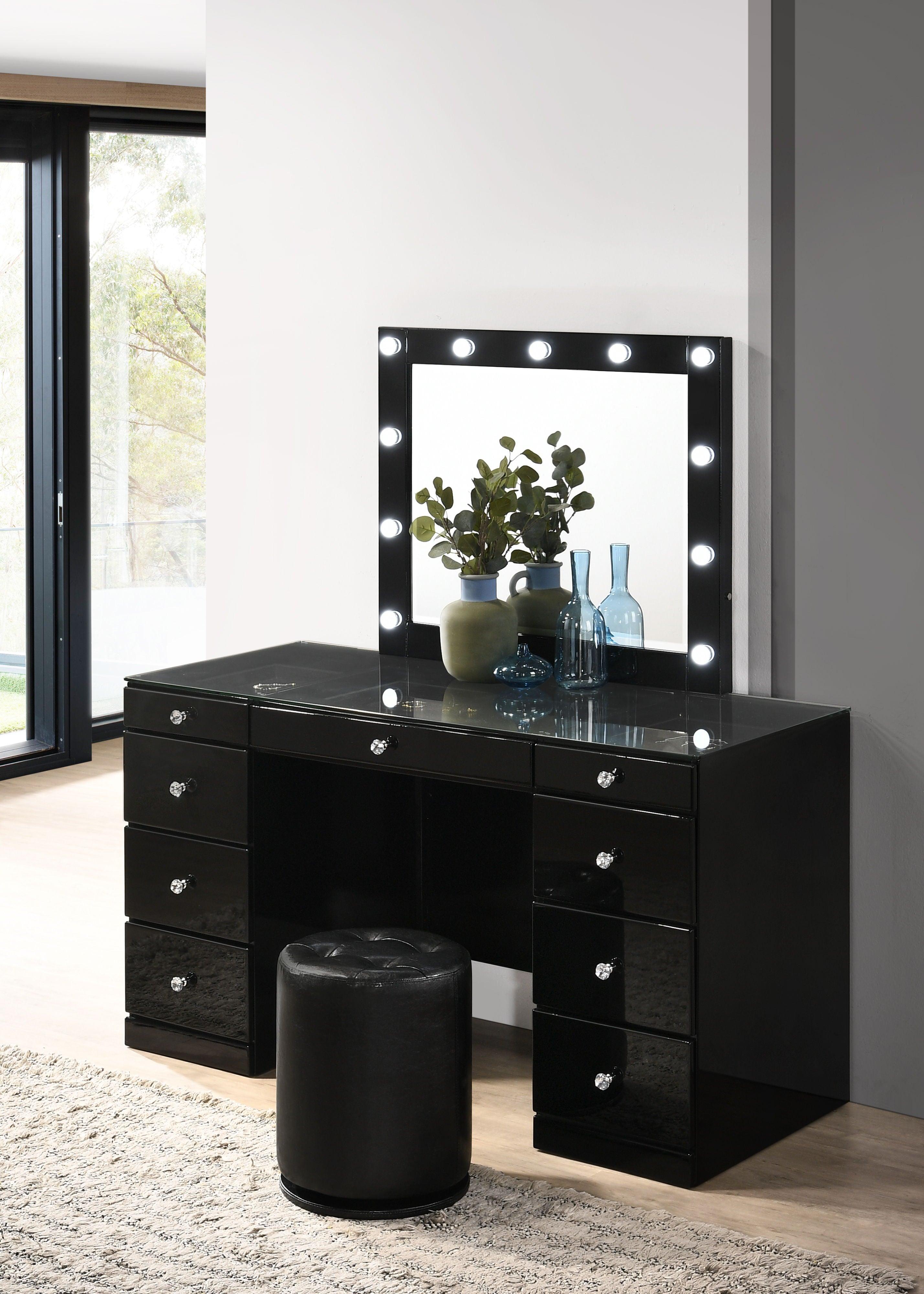 Crown Mark - Avery - Vanity Desk With Glass Top, Led Mirror & Stool - Black - 5th Avenue Furniture