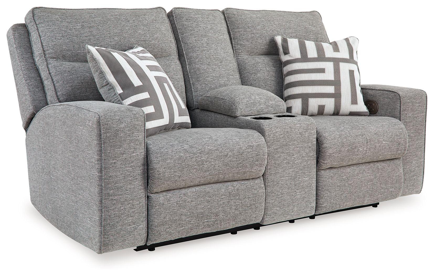 Signature Design by Ashley® - Biscoe - Pewter - Power Reclining Loveseat With Console /Adj Headrest - 5th Avenue Furniture