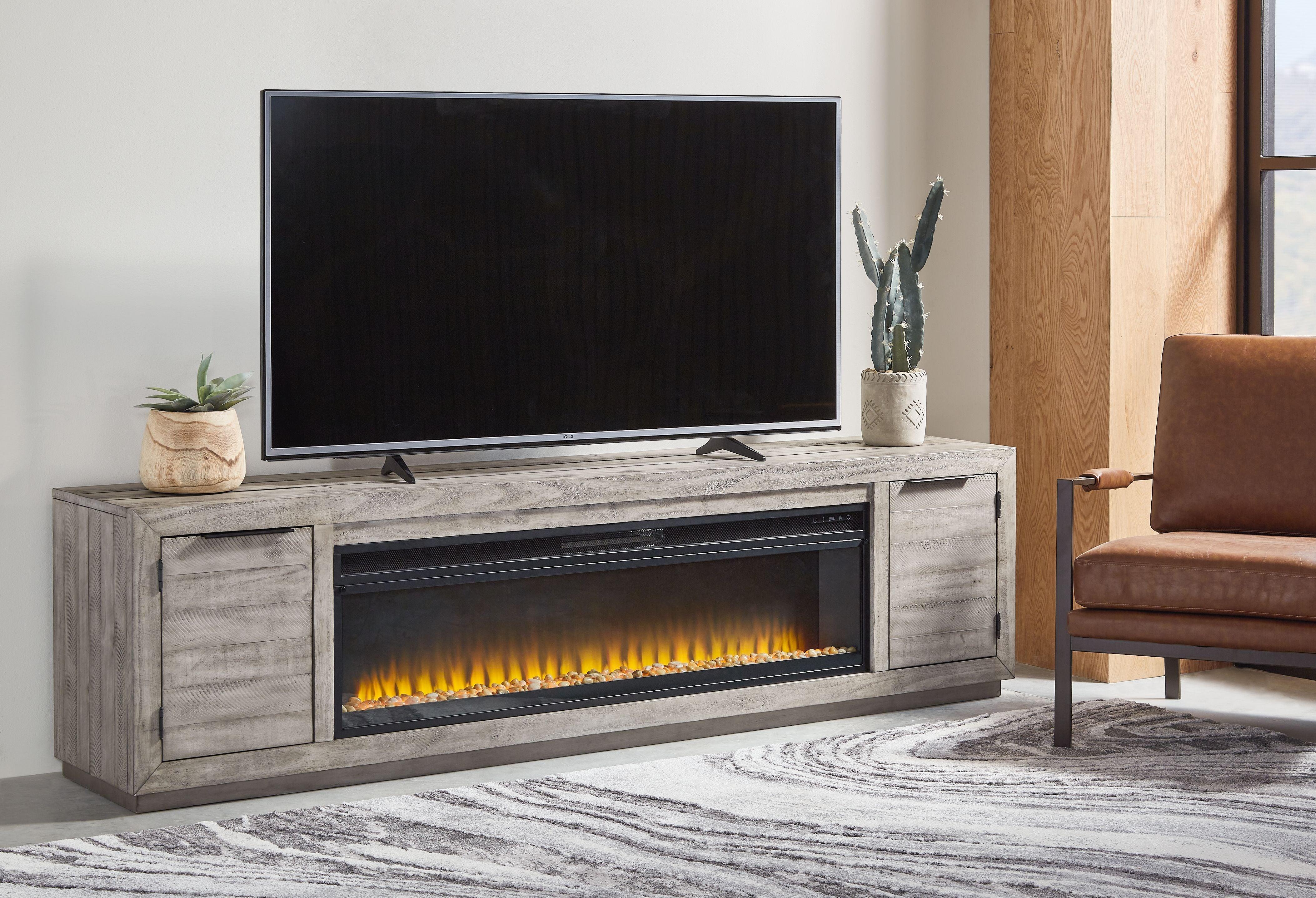 Signature Design by Ashley® - Naydell - Gray - 92" TV Stand With Wide Fireplace Insert - 5th Avenue Furniture