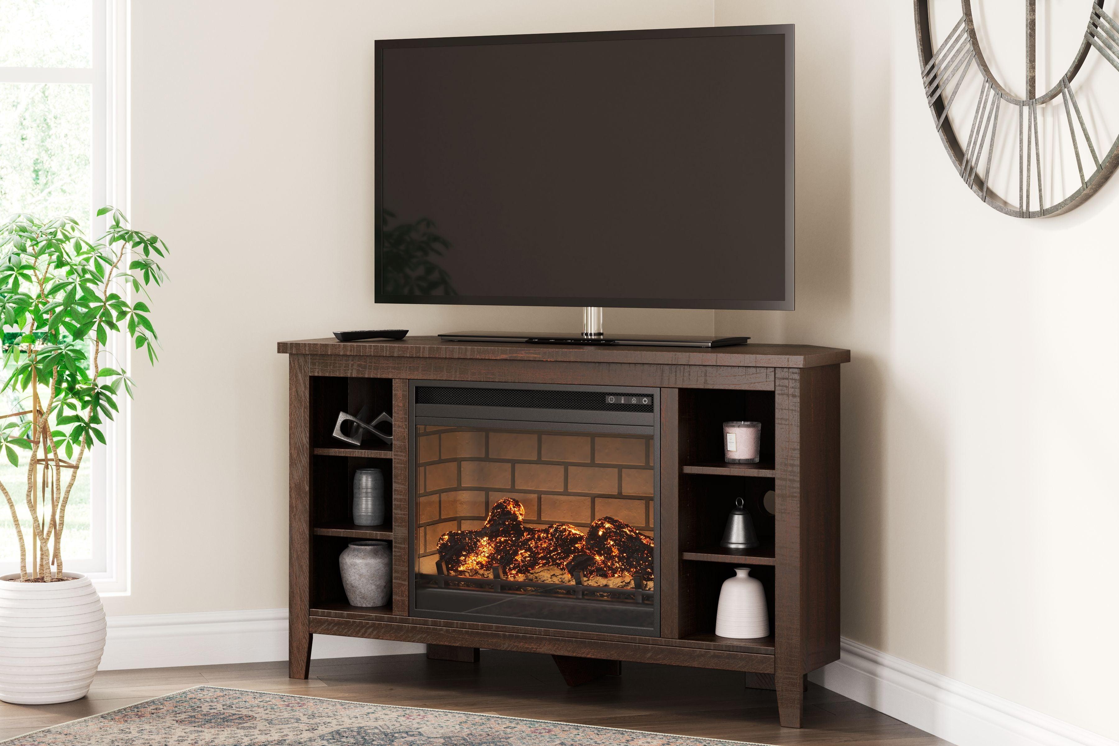 Signature Design by Ashley® - Camiburg - Warm Brown - Corner TV Stand With Faux Firebrick Fireplace Insert - 5th Avenue Furniture