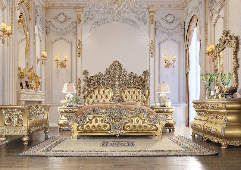 ACME - Seville - Eastern King Bed - Tan PU & Gold Finish - 5th Avenue Furniture