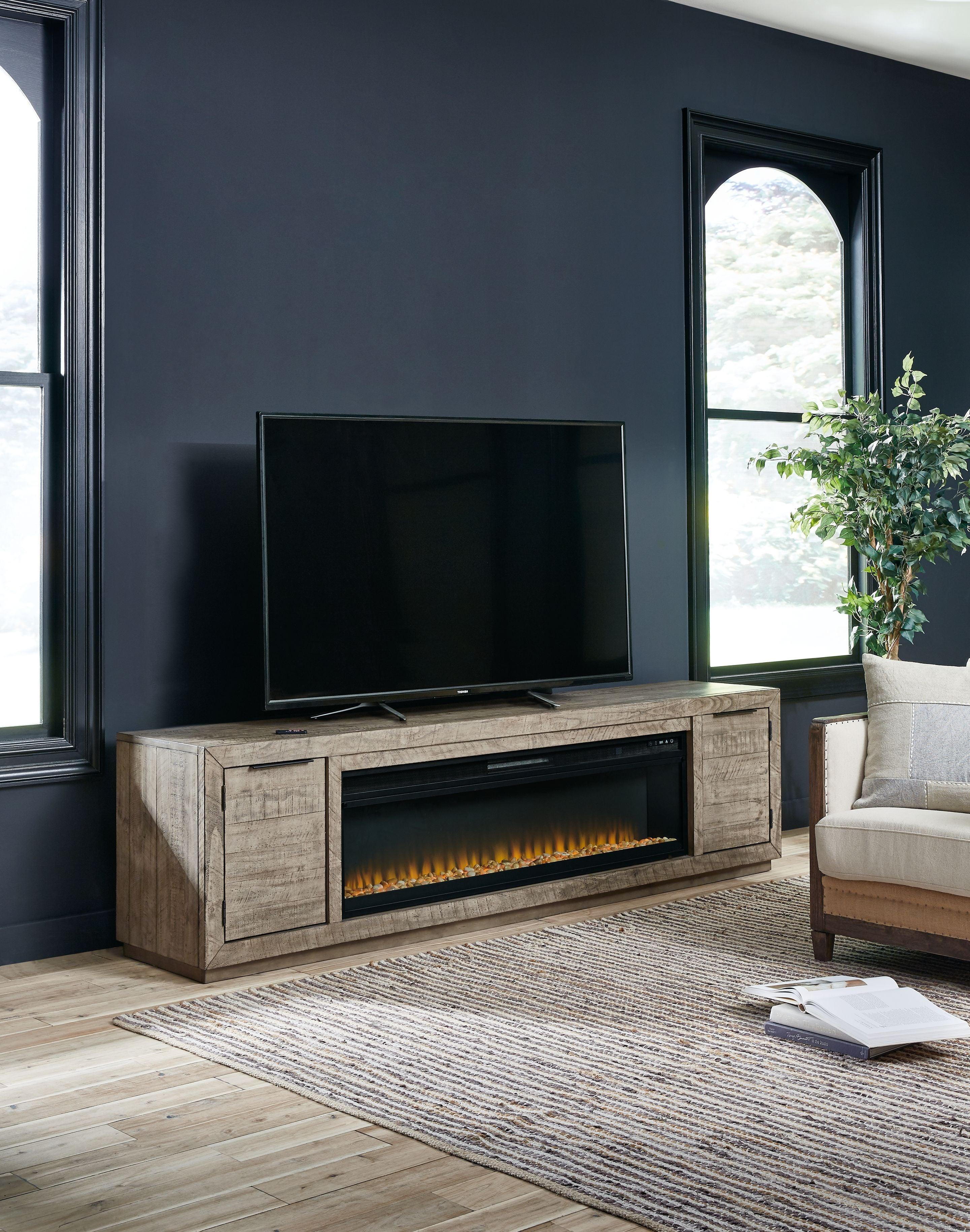 Signature Design by Ashley® - Krystanza - Weathered Gray - TV Stand With Wide Fireplace Insert - 5th Avenue Furniture
