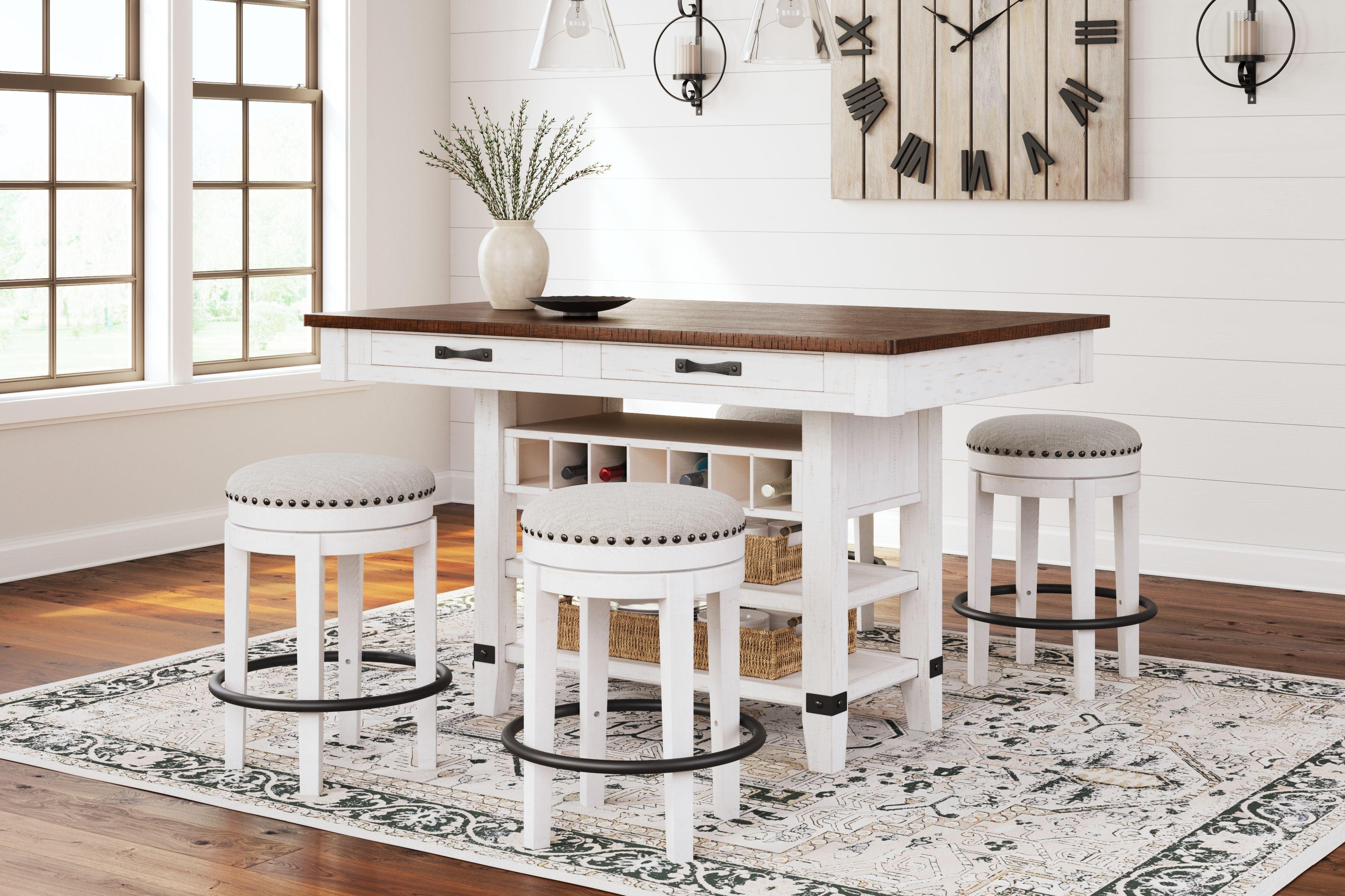 Signature Design by Ashley® - Valebeck - White / Brown - 5 Pc. - Counter Table With Wine Rack, 4 Swivel Stools - 5th Avenue Furniture