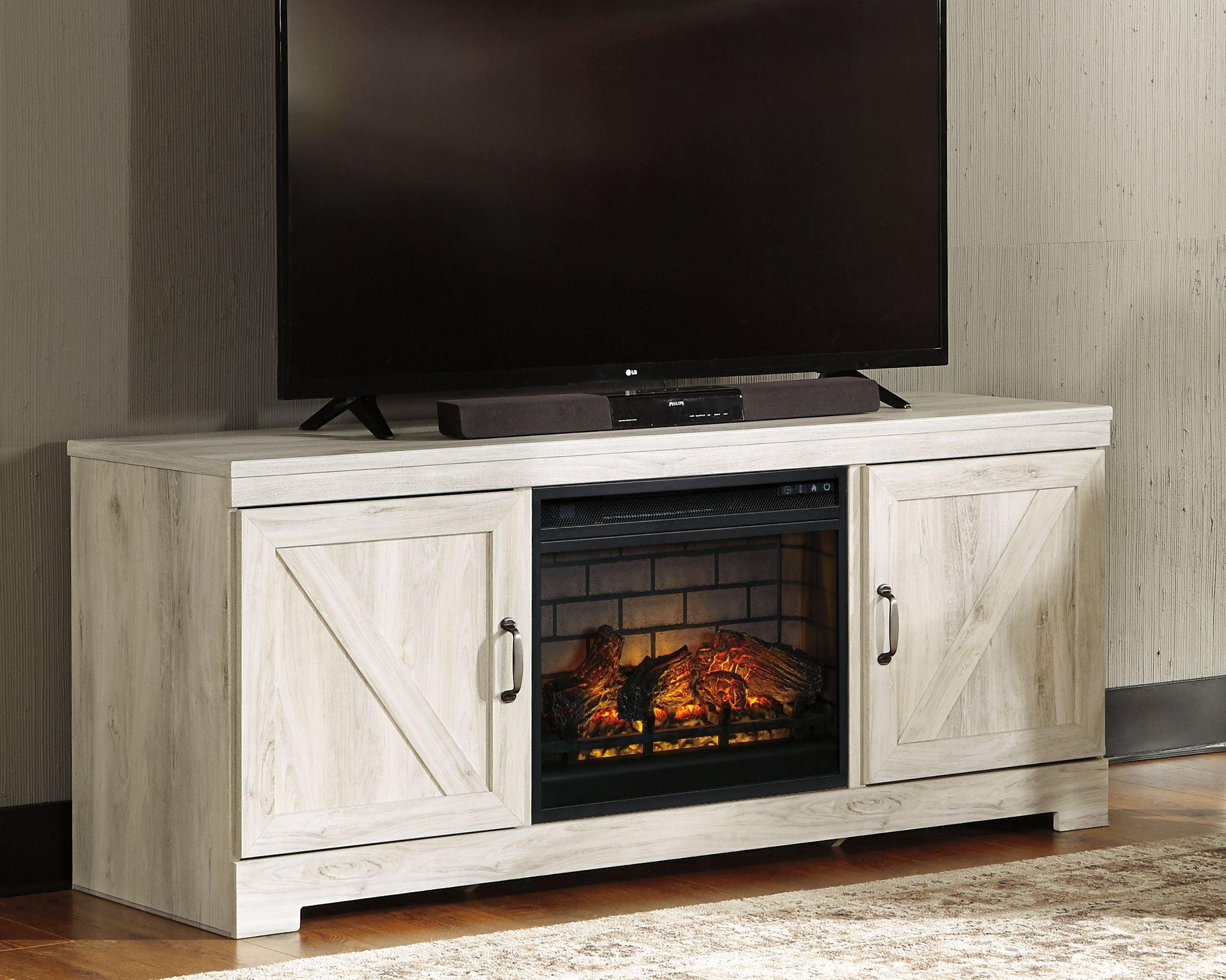 Signature Design by Ashley® - Bellaby - Whitewash - 63" TV Stand With Faux Firebrick Fireplace Insert - 5th Avenue Furniture