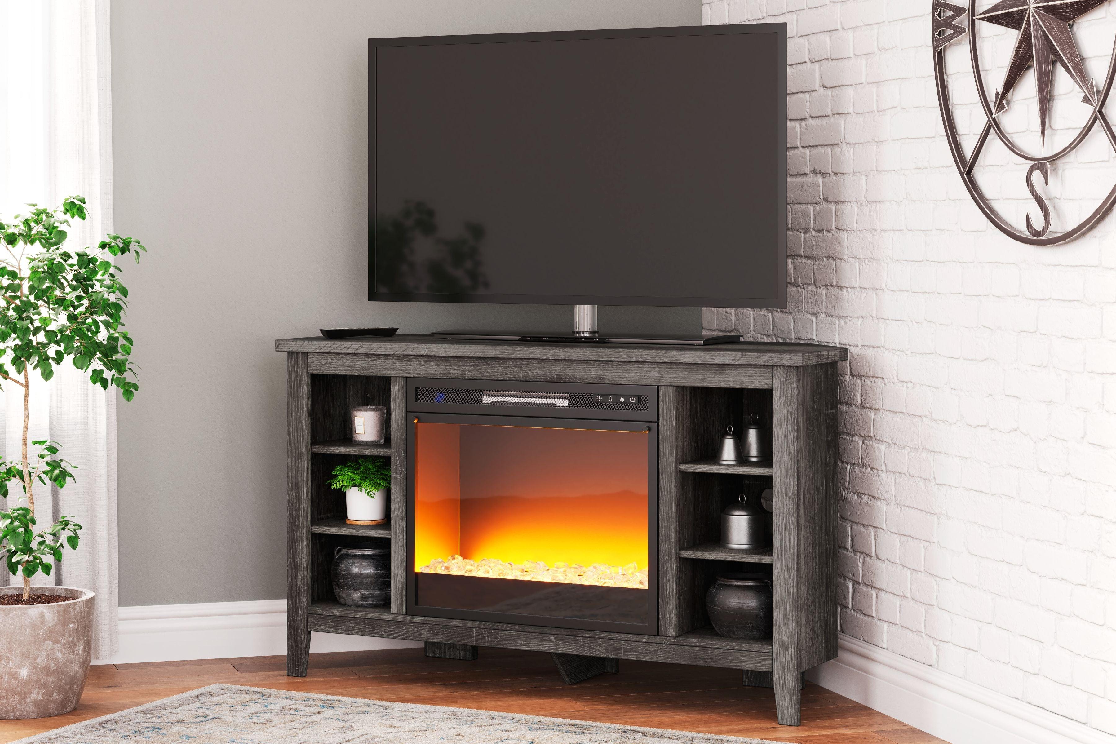Signature Design by Ashley® - Arlenbry - Gray - Corner TV Stand With Glass/Stone Fireplace Insert - 5th Avenue Furniture
