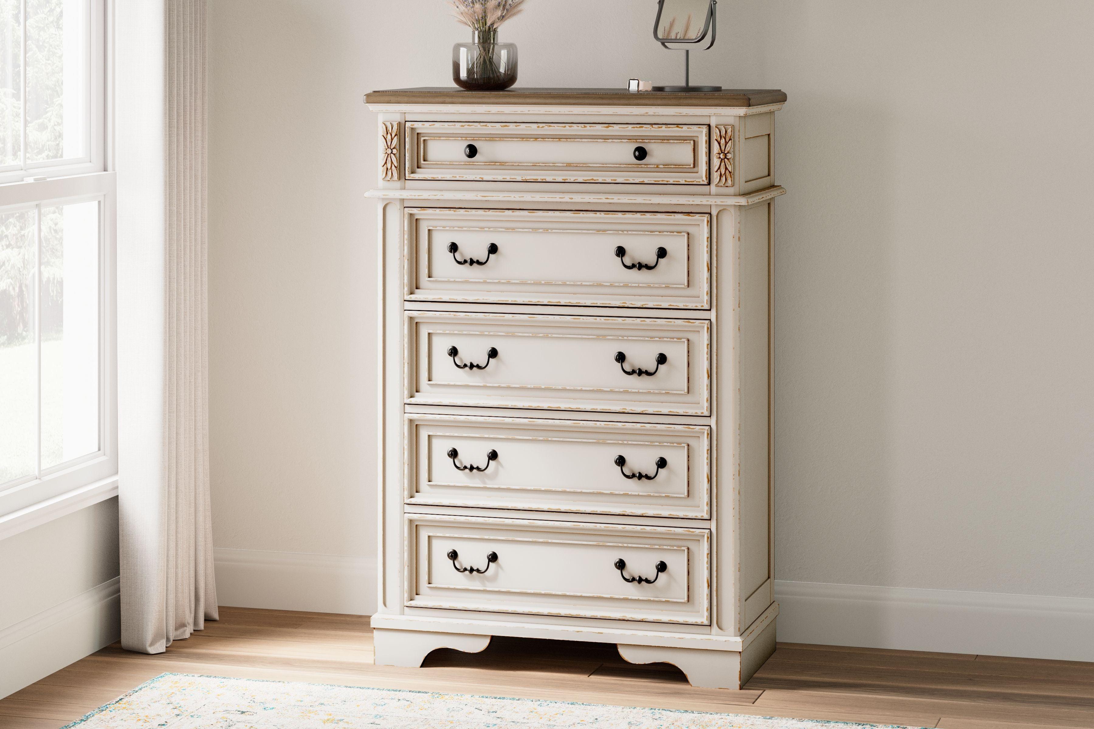 Ashley Furniture - Realyn - White / Brown / Beige - Five Drawer Chest - 5th Avenue Furniture