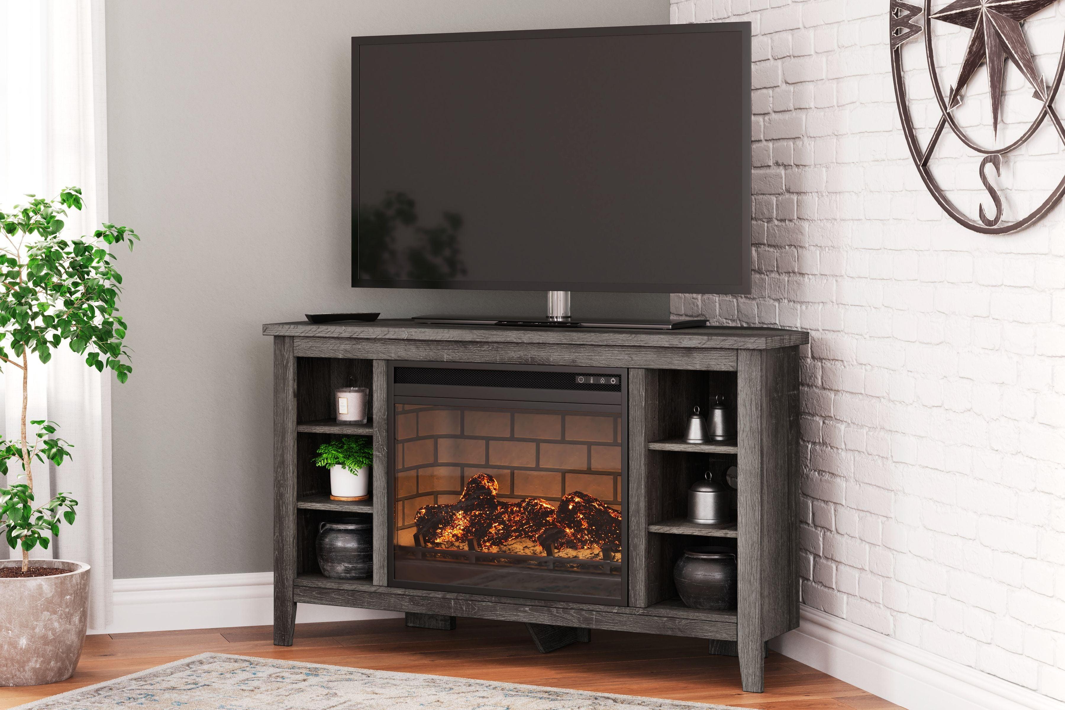 Signature Design by Ashley® - Arlenbry - Gray - Corner TV Stand With Faux Firebrick Fireplace Insert - 5th Avenue Furniture