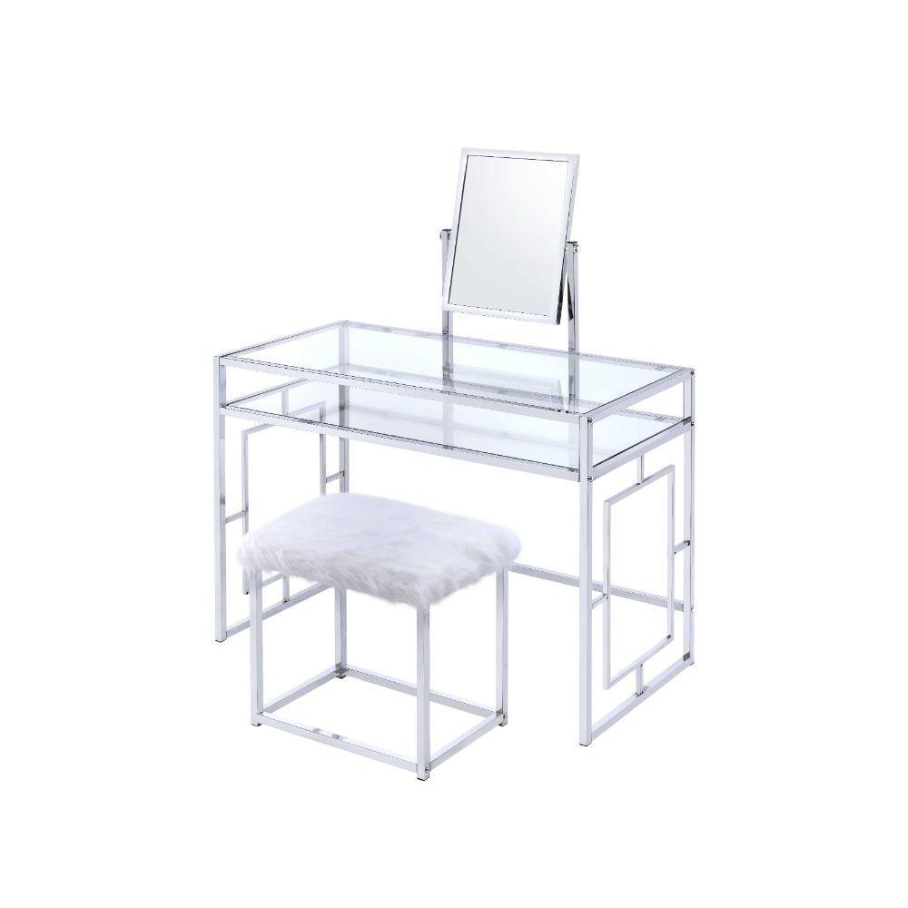 ACME - Carenze II - Vanity Desk - White Faux Fur & Chrome - 5th Avenue Furniture