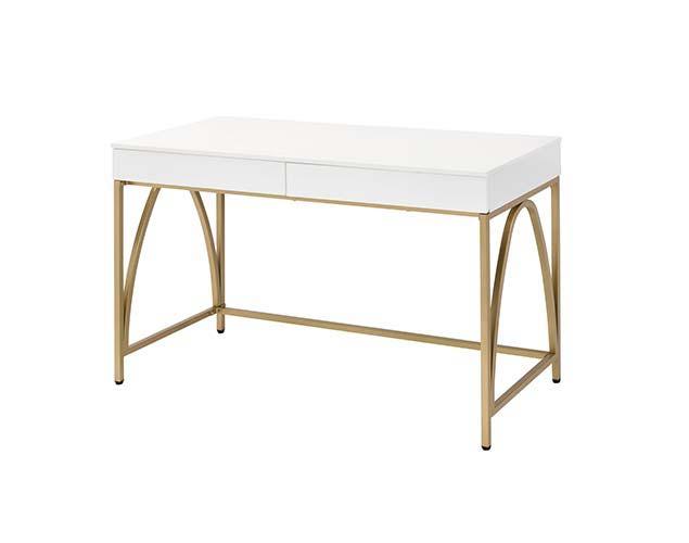 ACME - Lightmane - Vanity Desk - White High Gloss & Gold Finish - 5th Avenue Furniture