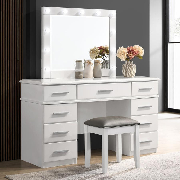 CoasterElevations - Felicity - 9-Drawer Vanity Desk With Lighted Mirror - Glossy White - 5th Avenue Furniture