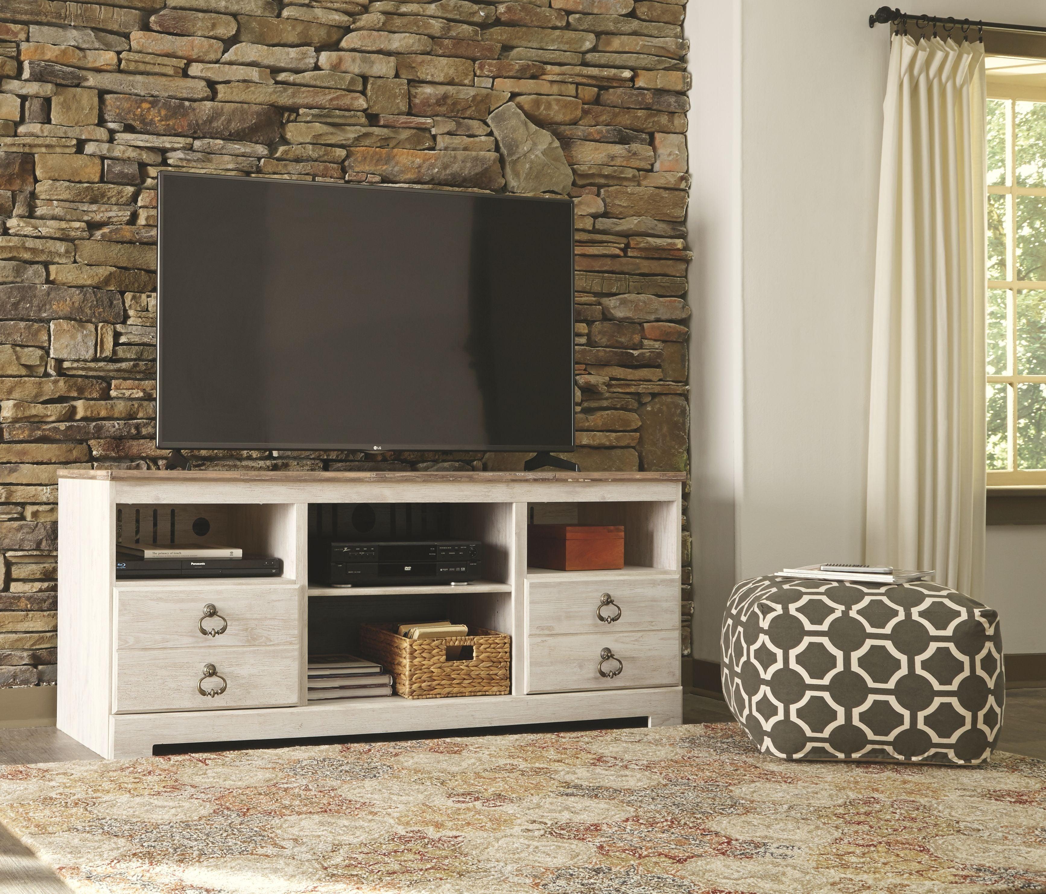 Signature Design by Ashley® - Willowton - Whitewash - 2 Pc. - 64" TV Stand With Faux Firebrick Fireplace Insert - 5th Avenue Furniture