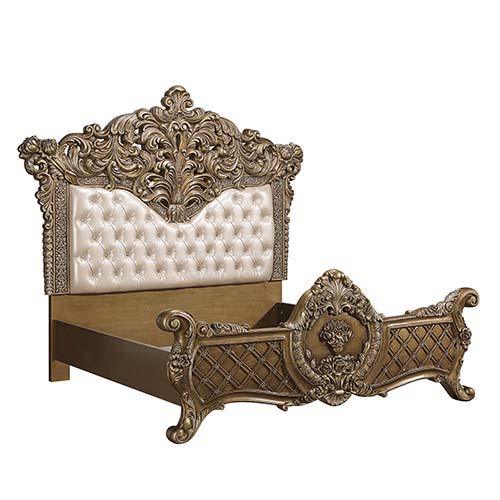 ACME - Constantine - Eastern King Bed - PU Leather, Light Gold, Brown & Gold Finish - 5th Avenue Furniture