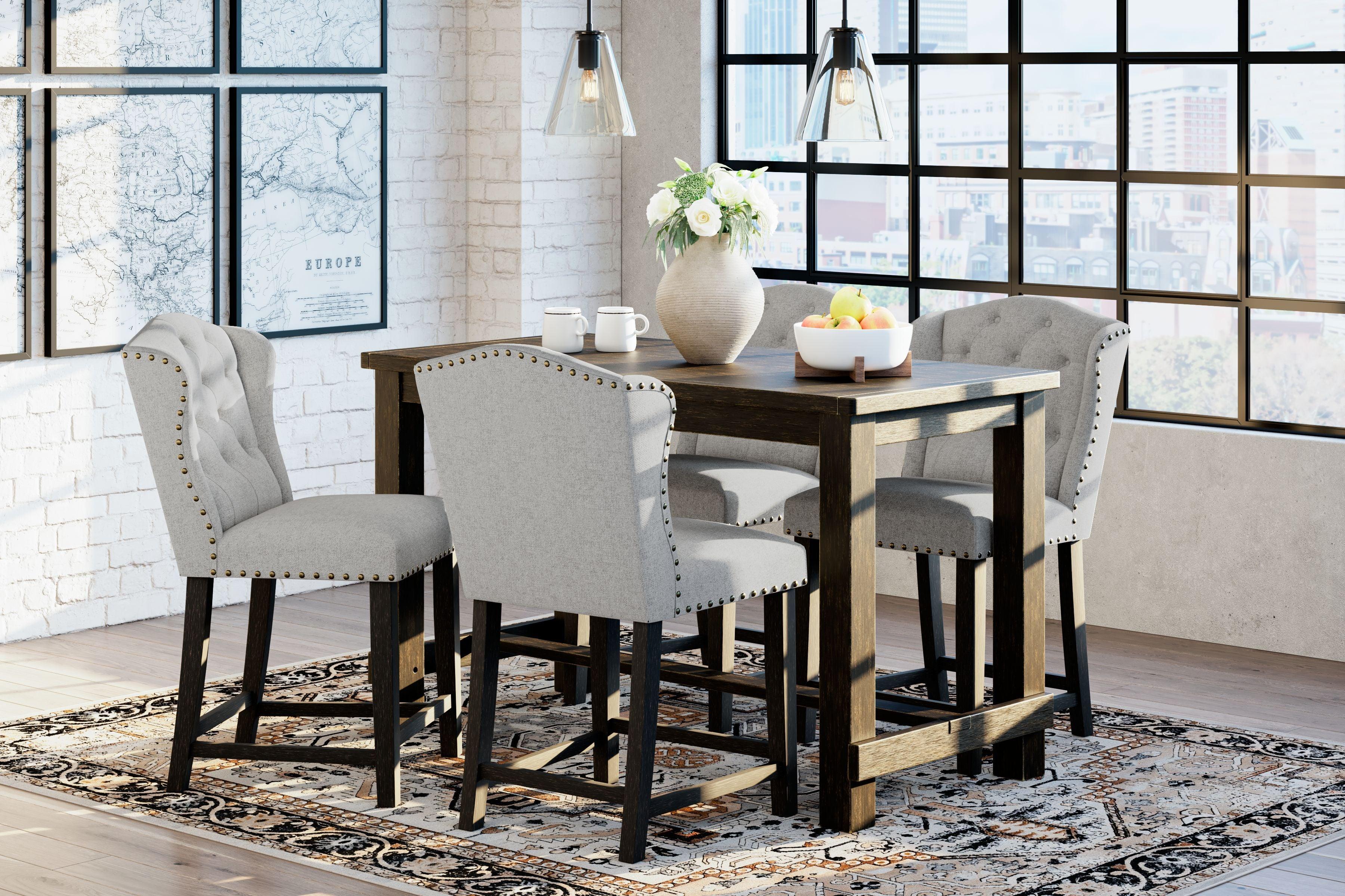 Signature Design by Ashley® - Jeanette - Linen / Black - 5 Pc. - Counter Table, 4 Upholstered Barstools - 5th Avenue Furniture