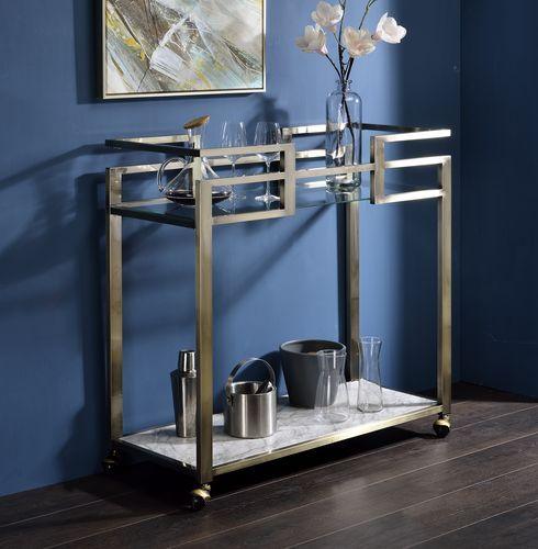 ACME - Neilo - Kitchen Cart - Clear Glass, Faux Marble & Wire Brass Finish - 5th Avenue Furniture