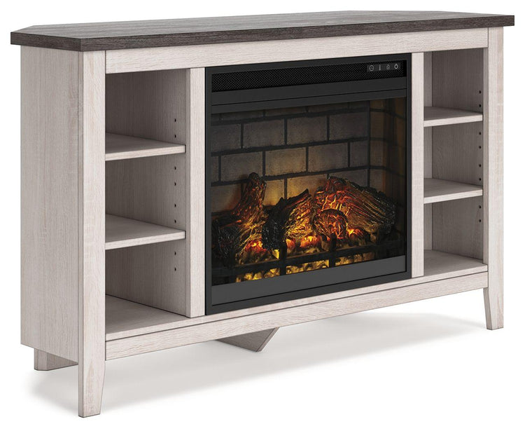 Signature Design by Ashley® - Dorrinson - Corner TV Stand With Fireplace Insert - 5th Avenue Furniture