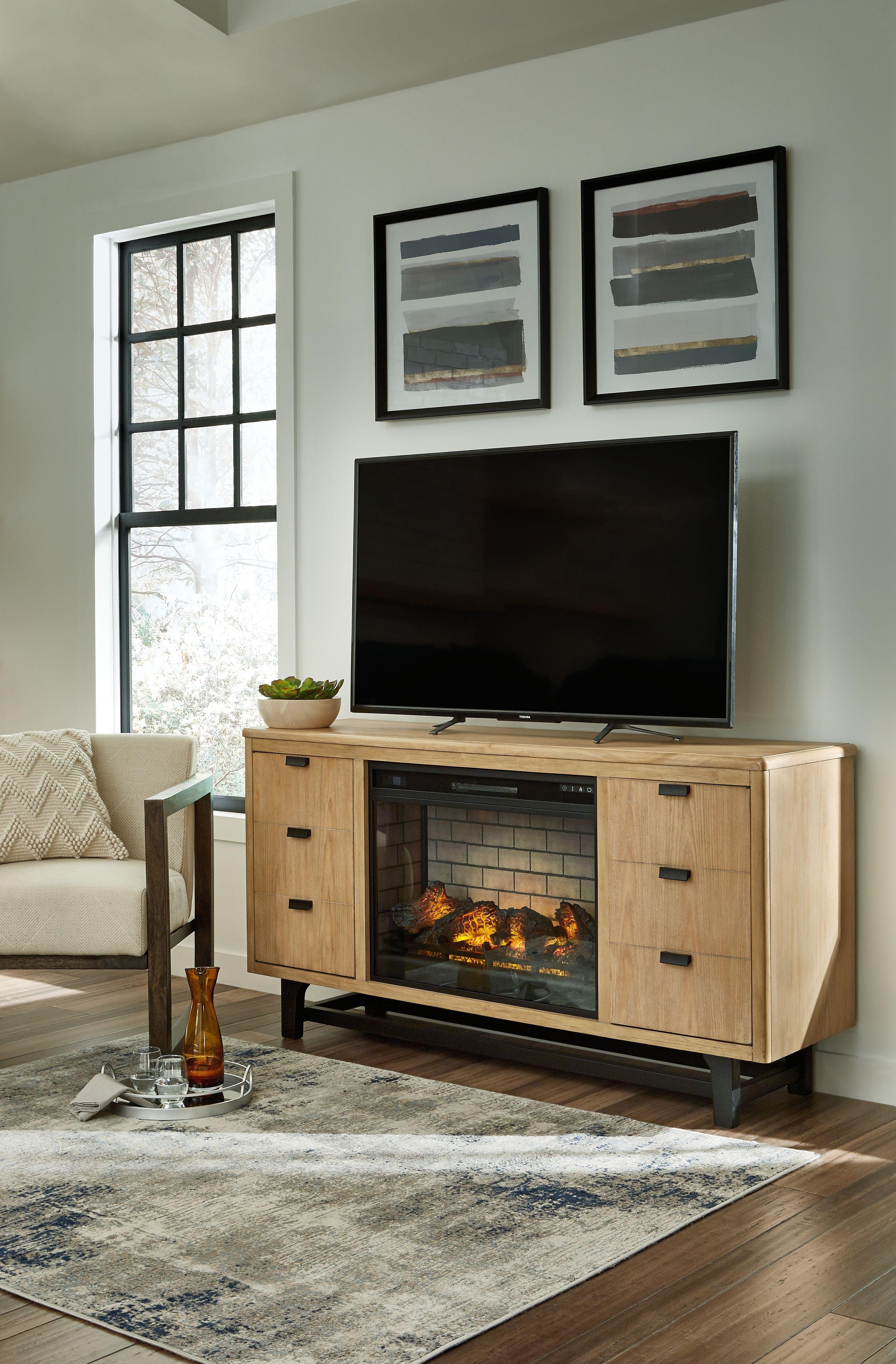 Signature Design by Ashley® - Freslowe - Light Brown / Black - TV Stand With Electric Infrared Fireplace Insert - 5th Avenue Furniture