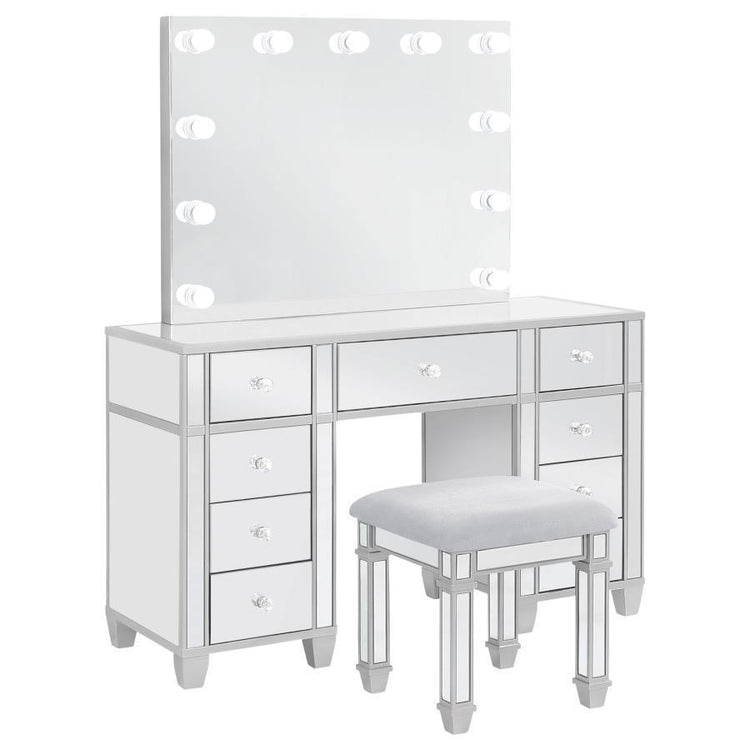 Coaster Fine Furniture - Allora - 9-Drawer Mirrored Storage Vanity Set With Hollywood Lighting - Metallic - 5th Avenue Furniture