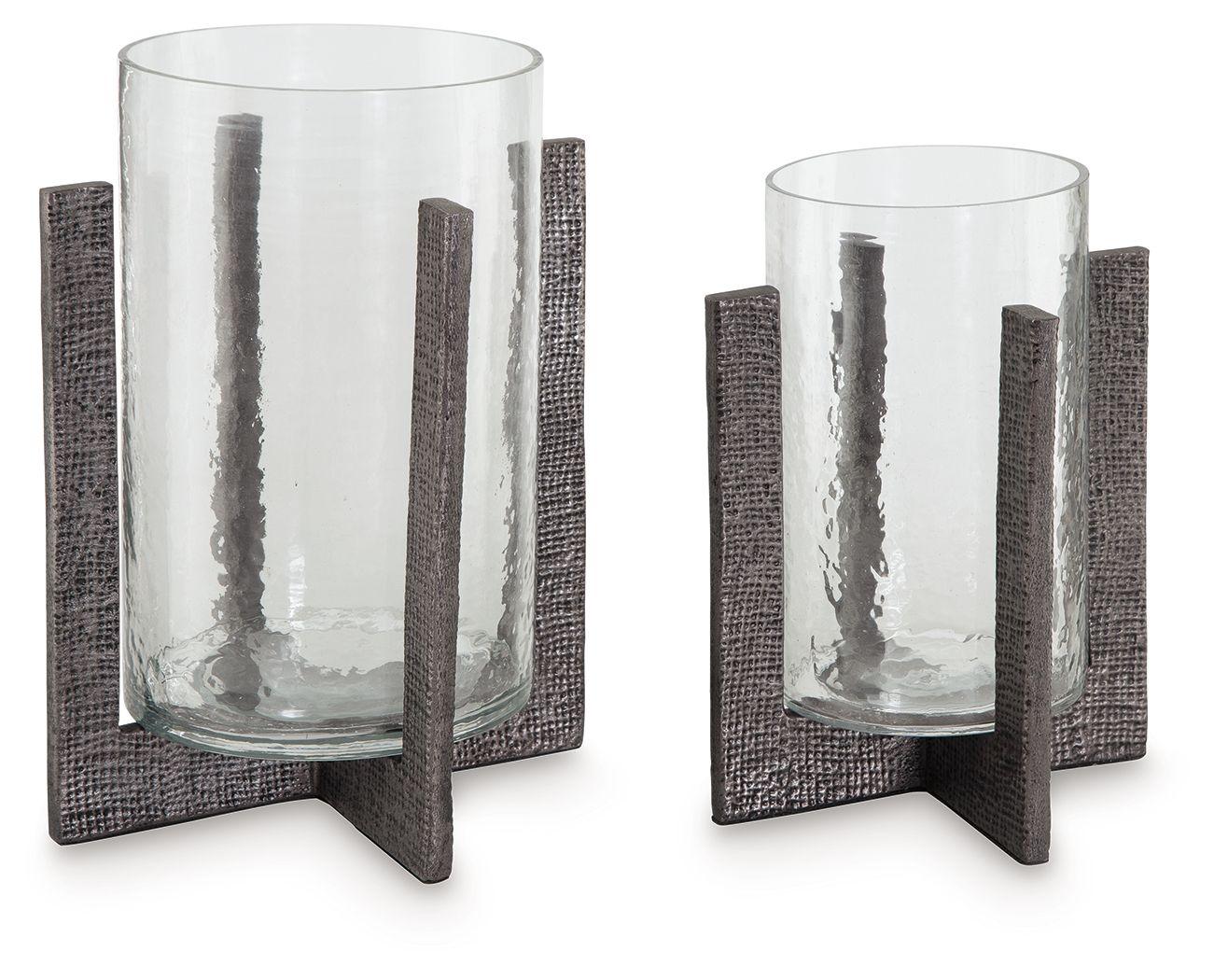 Signature Design by Ashley® - Garekton - Clear / Pewter Finish - Candle Holder Set (Set of 2) - 5th Avenue Furniture