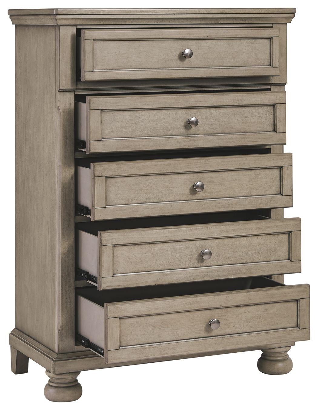 Ashley Furniture - Lettner - Light Gray - Five Drawer Chest - Central Handle - 5th Avenue Furniture