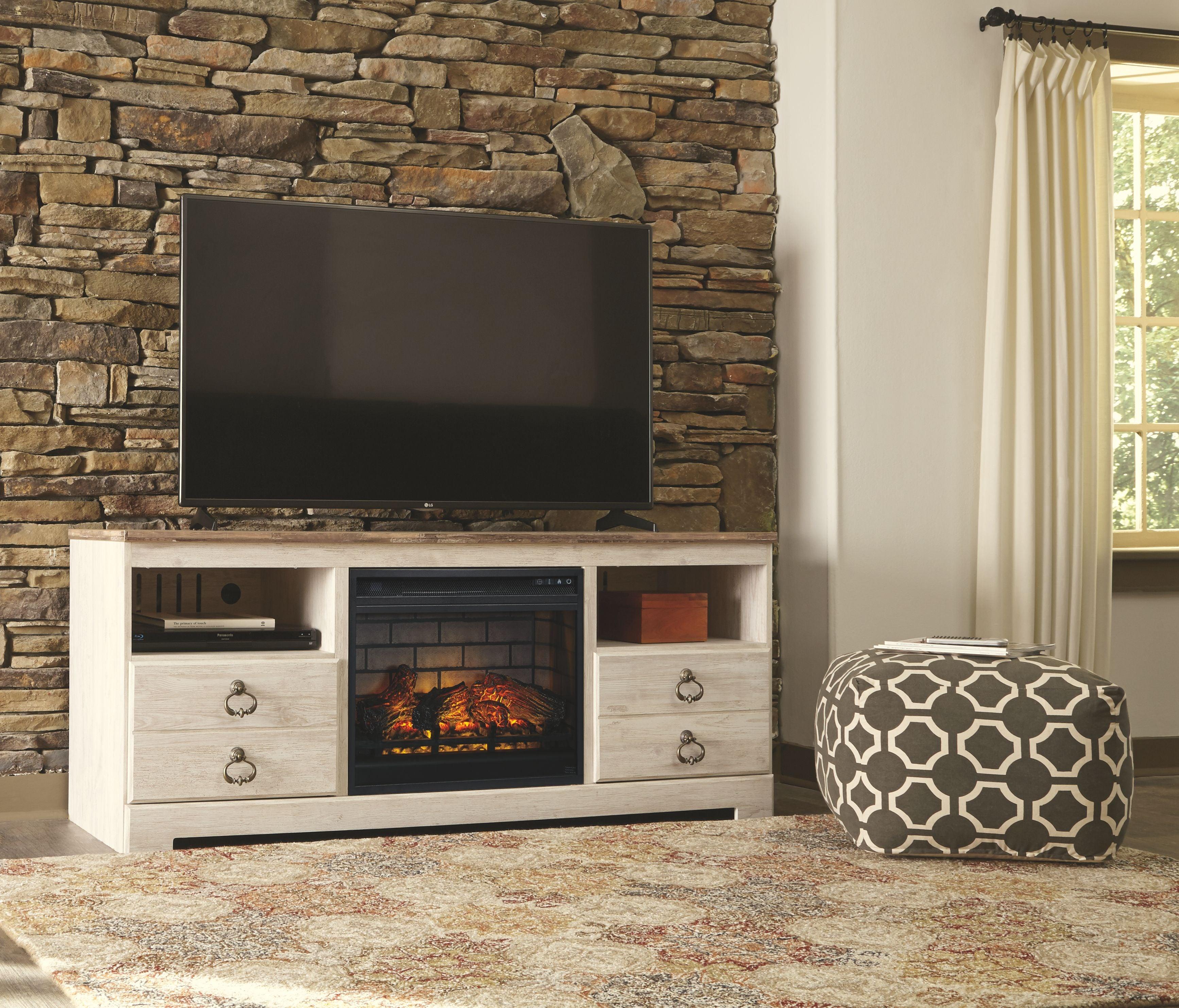 Signature Design by Ashley® - Willowton - Whitewash - 2 Pc. - 64" TV Stand With Faux Firebrick Fireplace Insert - 5th Avenue Furniture