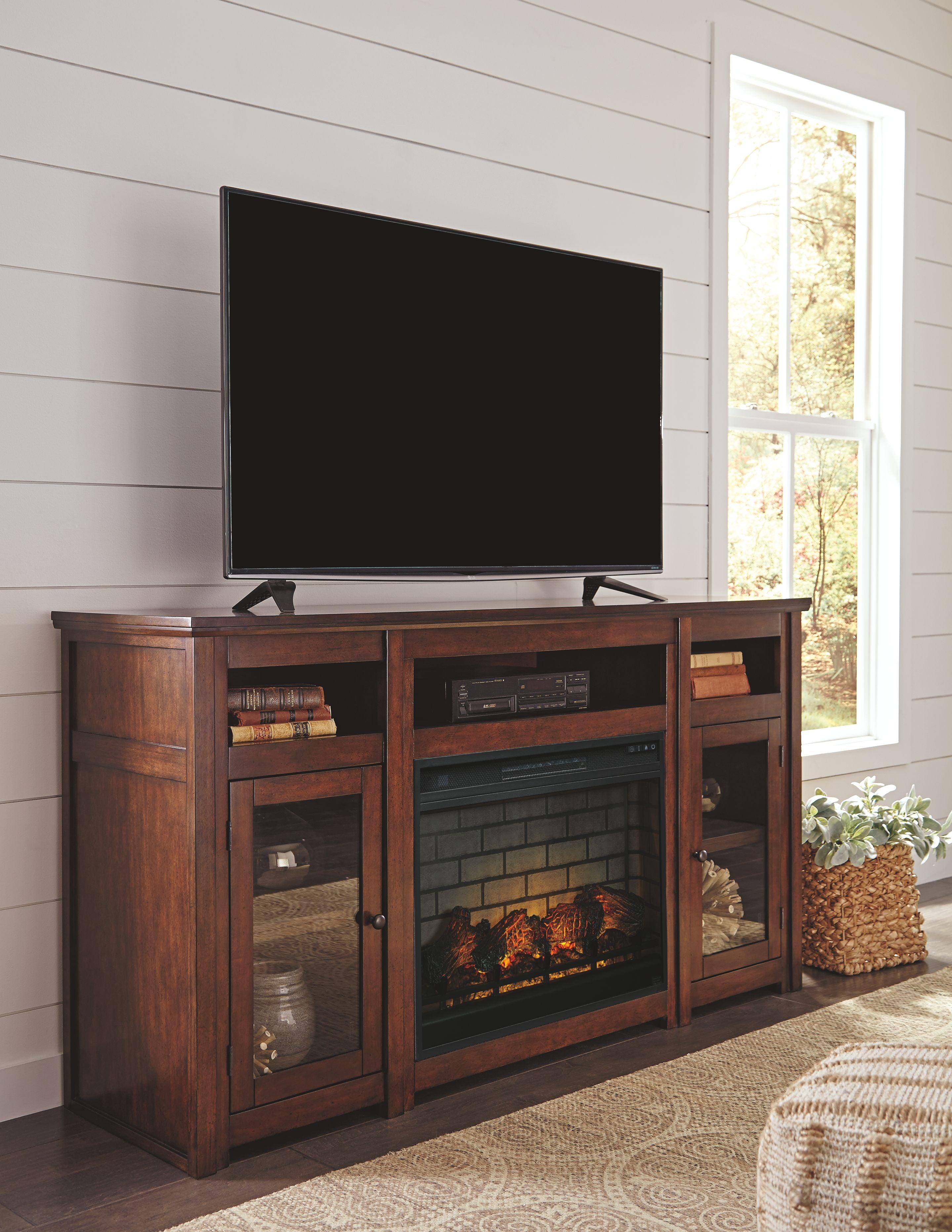 Signature Design by Ashley® - Harpan - Reddish Brown - 2 Pc. - 72" TV Stand With Electric Infrared Fireplace Insert - 5th Avenue Furniture