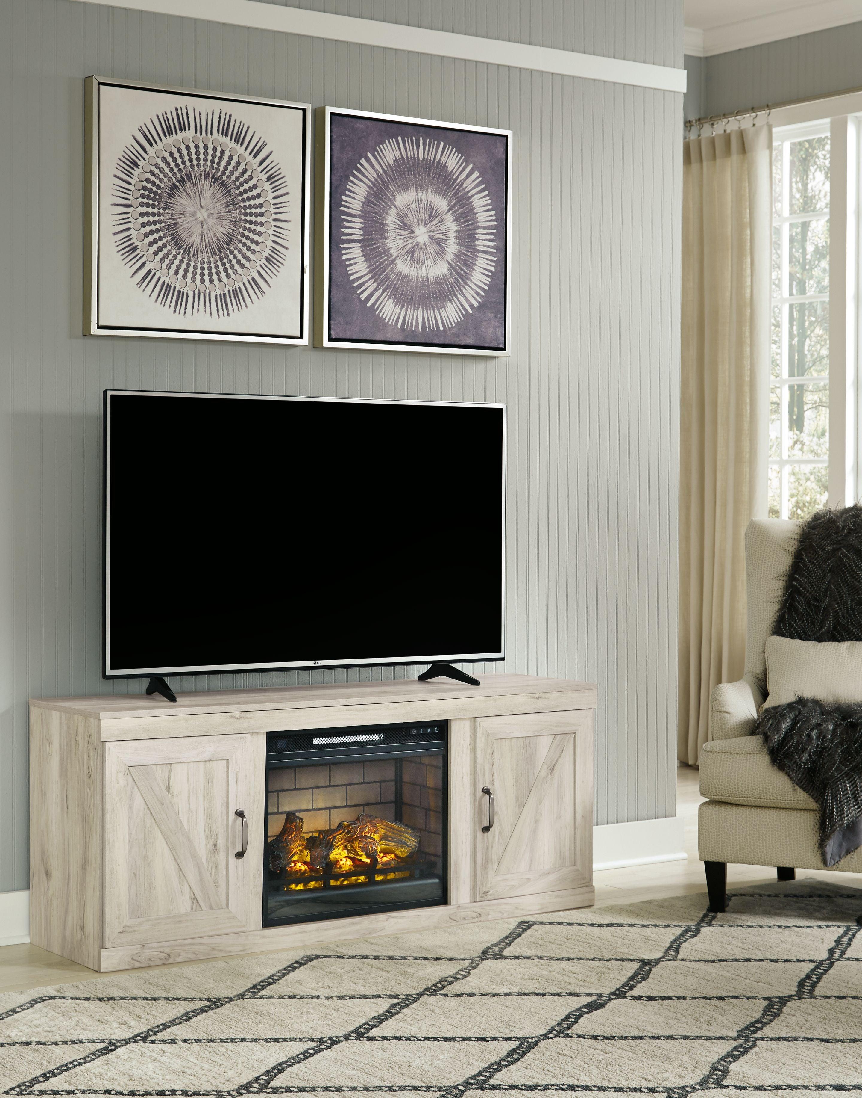 Signature Design by Ashley® - Bellaby - Whitewash - TV Stand With Faux Firebrick Fireplace Insert - 5th Avenue Furniture