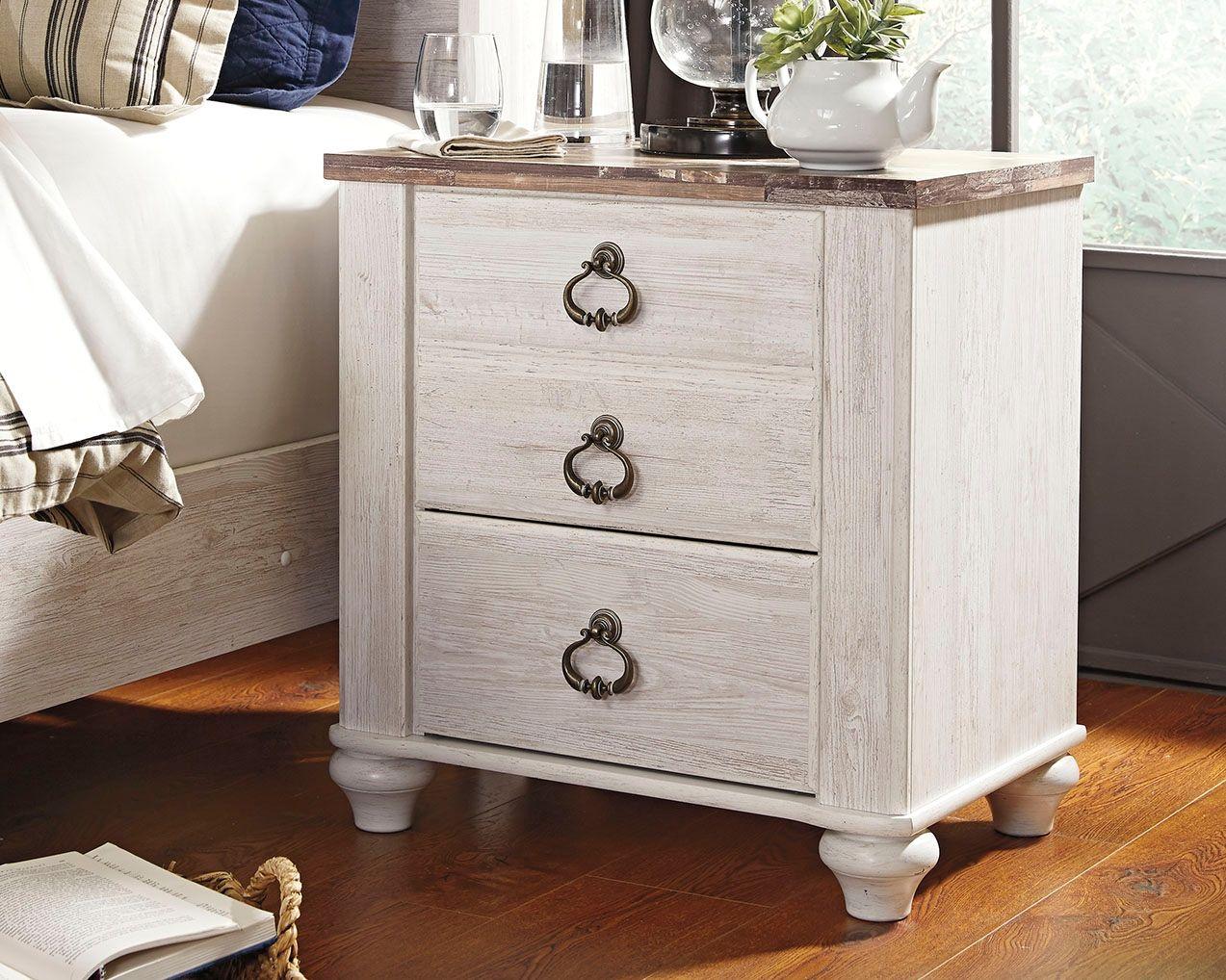 Ashley Furniture - Willowton - Brown / Beige / White - Two Drawer Night Stand - 5th Avenue Furniture