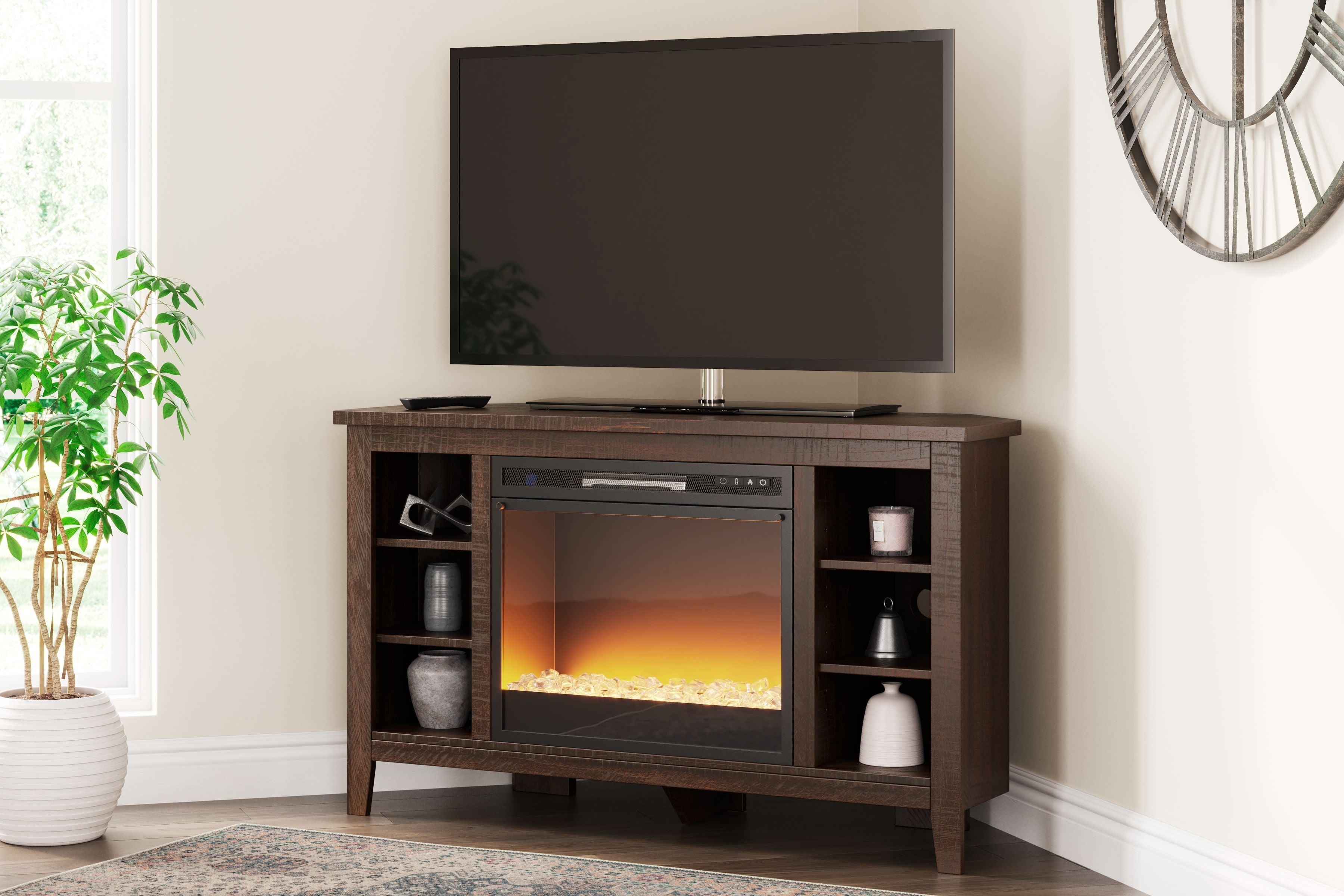 Signature Design by Ashley® - Camiburg - Warm Brown - Corner TV Stand With Fireplace Insert Glass/Stone - 5th Avenue Furniture