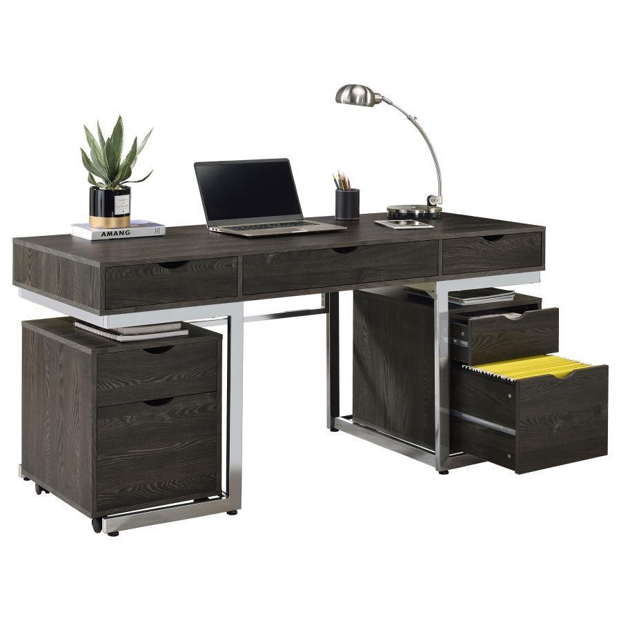 CoasterEssence - Noorvik - 3 Piece Writing Desk Set - Dark Oak And Chrome - 5th Avenue Furniture