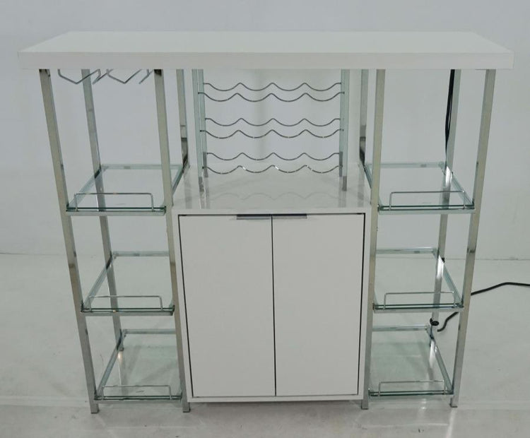 CoasterEssence - Gallimore - 2-Door Bar Cabinet With Glass Shelf - High Glossy White And Chrome - 5th Avenue Furniture
