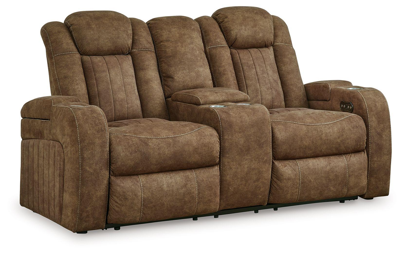 Signature Design by Ashley® - Wolfridge - Brindle - Power Reclining Loveseat With Console /Adj Hdrst - 5th Avenue Furniture