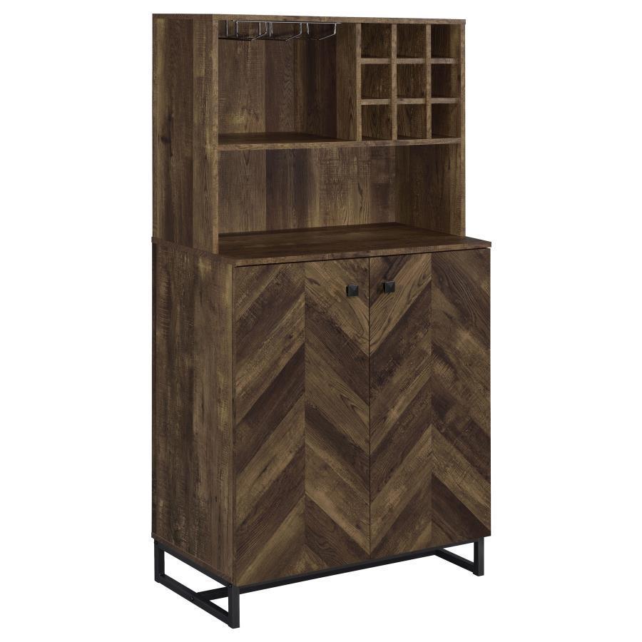 CoasterEveryday - Mendoza - 2-Door Wine Cabinet - Rustic Oak Herringbone And Gunmetal - 5th Avenue Furniture