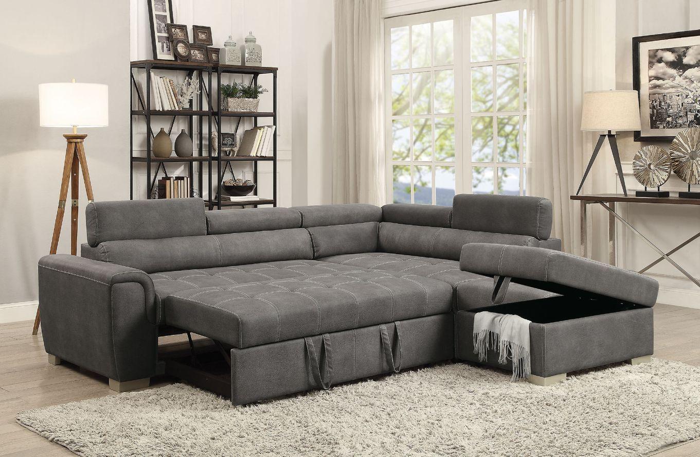 ACME - Thelma Sectional Sofa - Gray Polished Microfiber - 5th Avenue Furniture