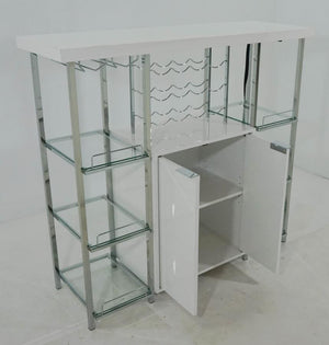 CoasterEssence - Gallimore - 2-Door Bar Cabinet With Glass Shelf - High Glossy White And Chrome - 5th Avenue Furniture