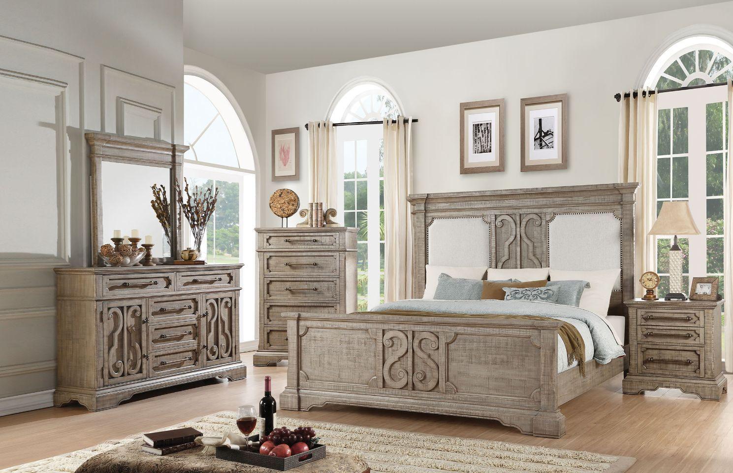 ACME - Artesia - Queen Bed - Tan Fabric & Salvaged Natural - 5th Avenue Furniture