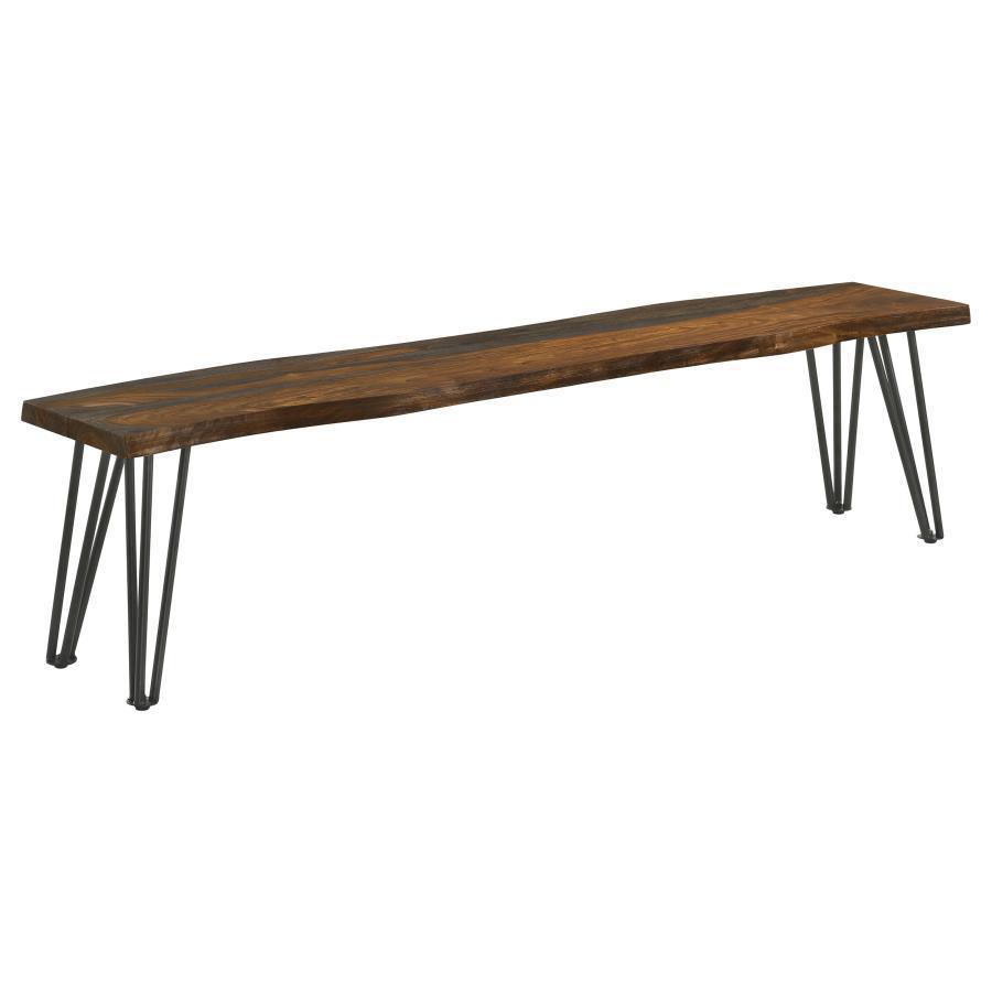 CoasterEssence - Neve - Live-Edge Dining Bench With Hairpin Legs - Sheesham Gray And Gunmetal - 5th Avenue Furniture