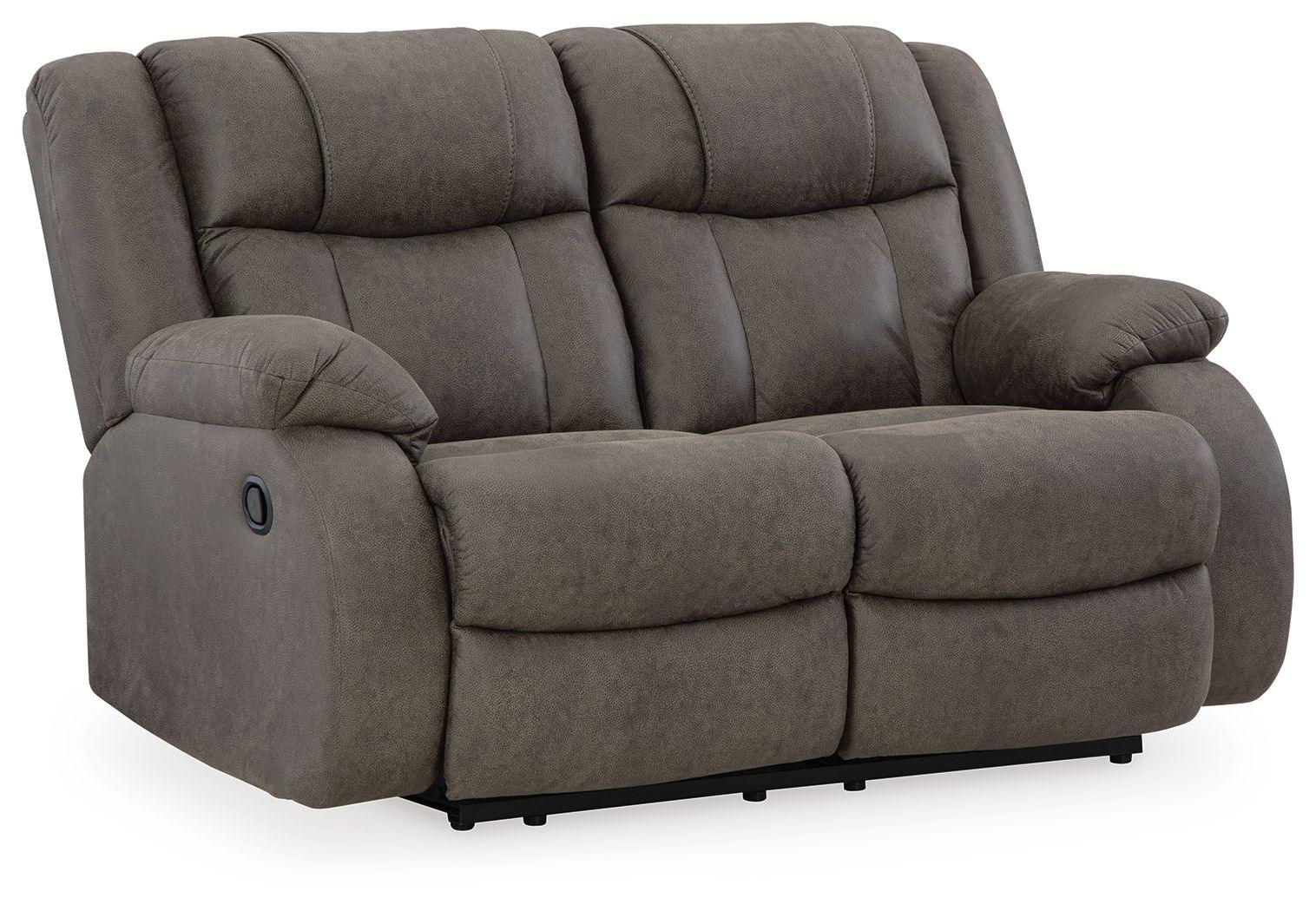 Signature Design by Ashley® - First Base - Gunmetal - Reclining Loveseat - 5th Avenue Furniture