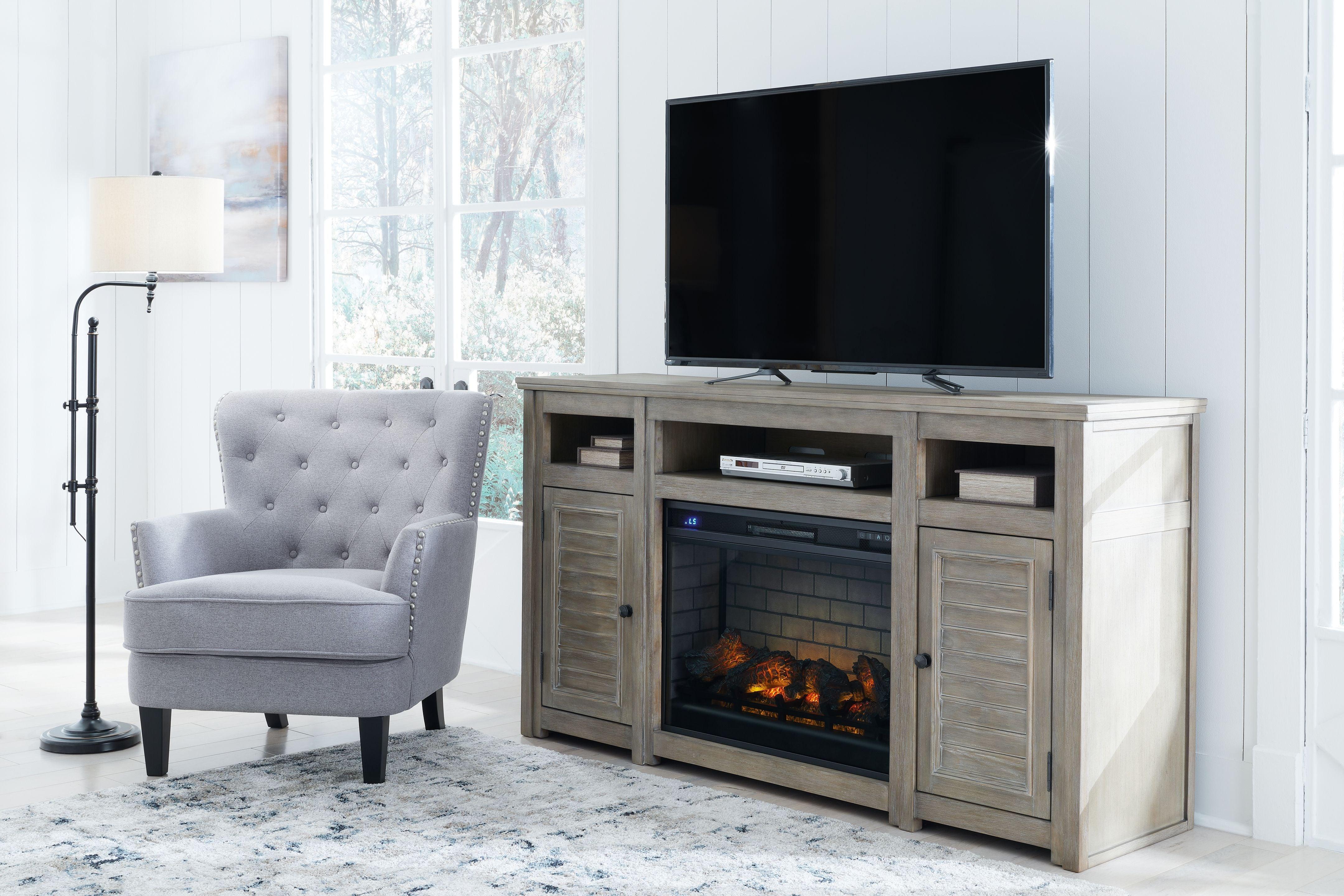 Signature Design by Ashley® - Moreshire - Bisque - 72" TV Stand With Electric Infrared Fireplace Insert - 5th Avenue Furniture